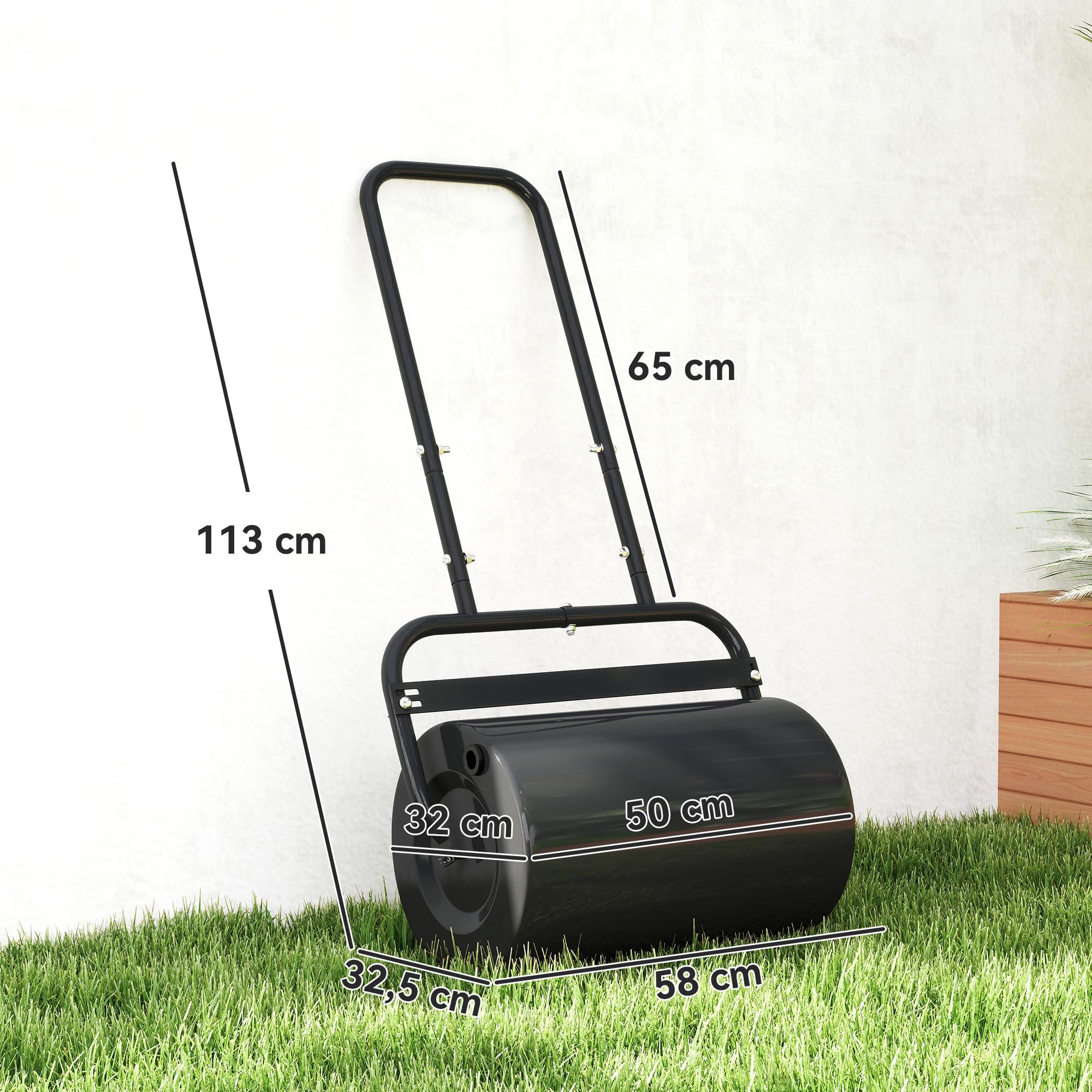 Outsunny Rouleau à Gazon Rouleau de Jardin 50 cm, Remplissage Sable Eau, poignée Ergonomique, Outil de Jardinage pour pelouse, Patio et Parc, Noir