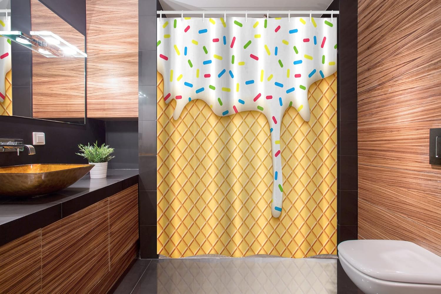 Ambesonne Food Stall Shower Curtain, Cartoon Like Image of and Melting Ice Cream Cones Colored Sprinkles Print, Fabric Bathroom Decor Set with Hooks, 54" W x 78" L, Multicolor Mustard