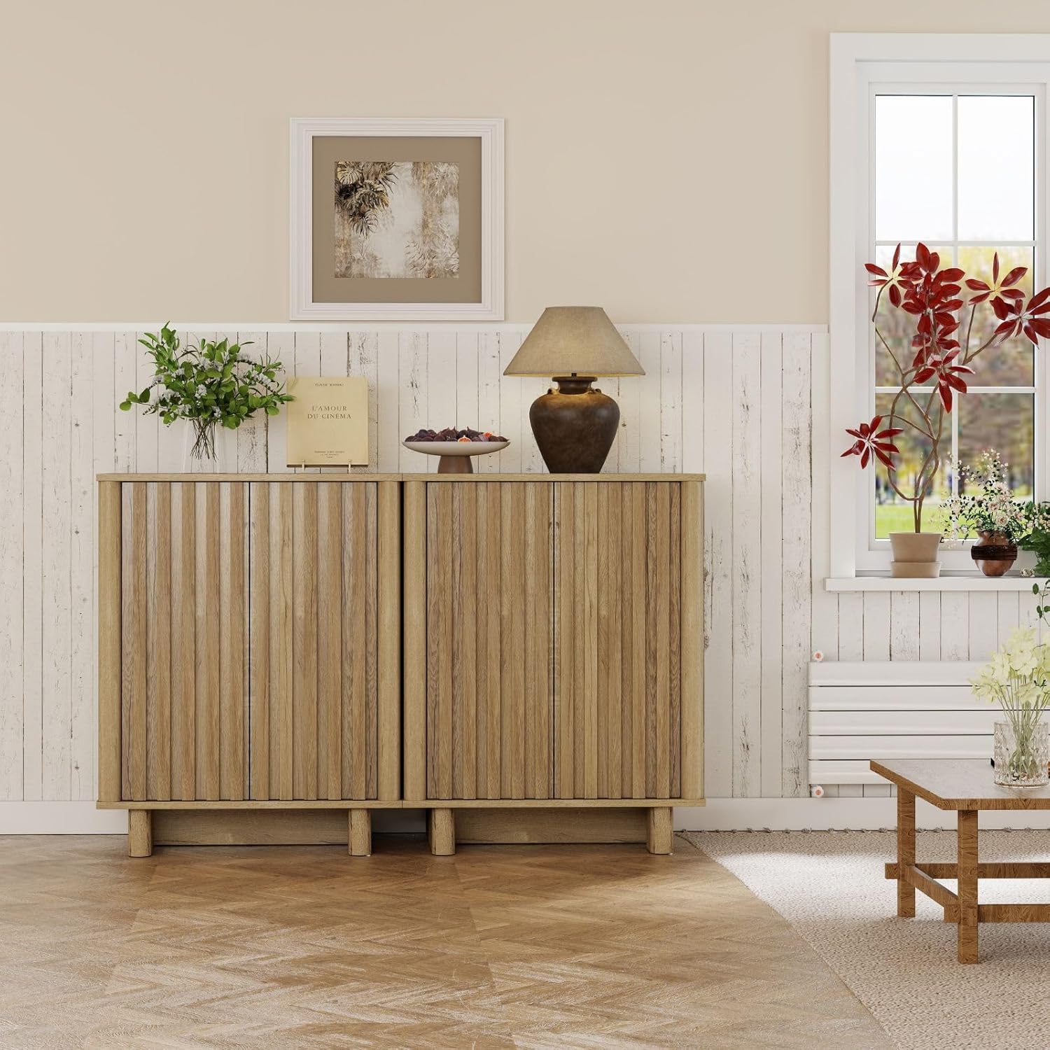 Sideboard Buffet Cabinet with Storage, Natural Freestanding Floor Cabinet Farmhouse Sideboard with 2 Fluted Doors Wooden Hallway Cabinet Media Console Table Credenza for Living Room Dining Room, 2PCS
