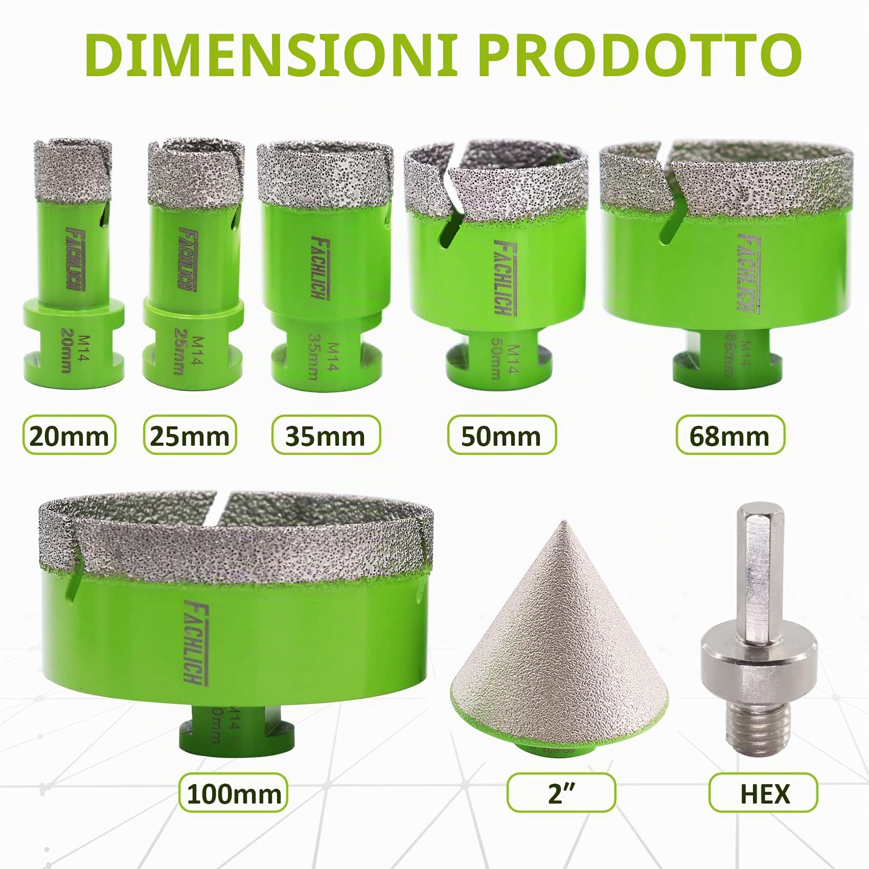 Punte Diamantate 20/25/35/50/68/100mm 8 Pezzi per Trapano con Alluminio Scatola e 50mm Fresa e Adattatore per Porcellana Piastrella Granito Marmo Taglio a Secco