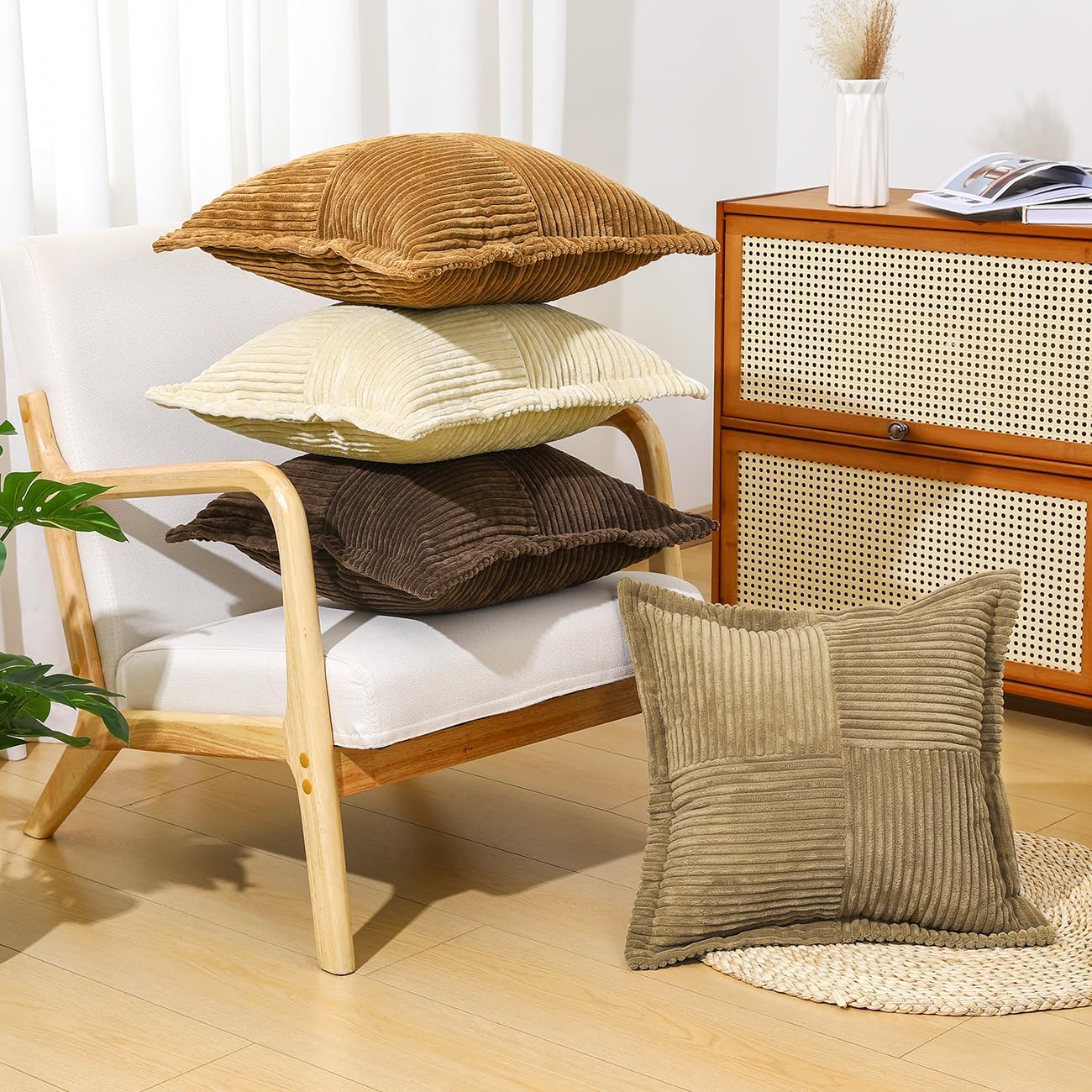 Lewondr Corduroy Throw Pillow Covers 18×18 Inch, 4 Pack Soft Square Throw Pillow Cases, Decorative Boho Striped Couch Pillow Covers for Living Room Bedroom Sofa Bed Office Cushion Cover, Brown