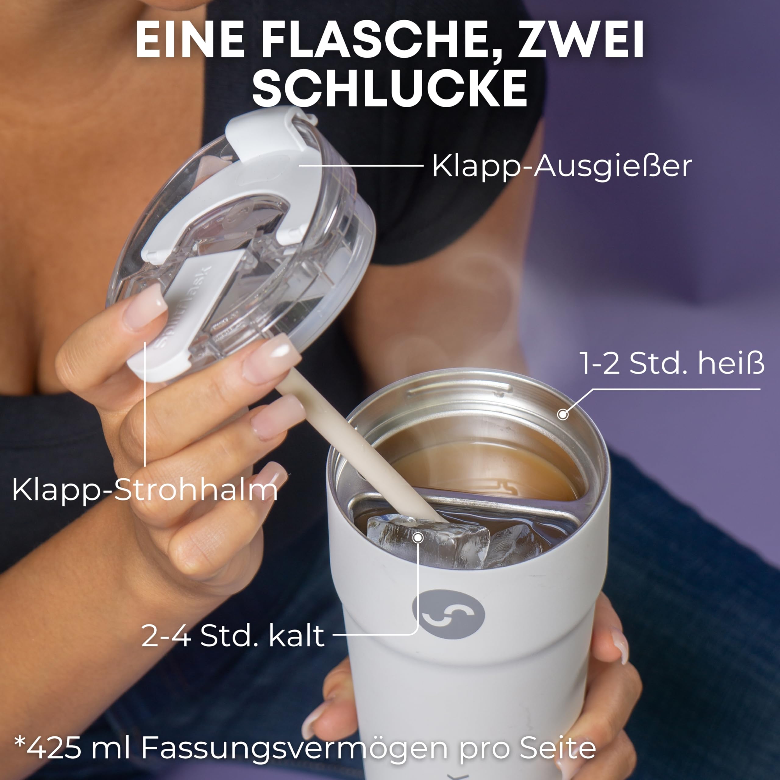 Splitflask Doppelkammer Isolierter Kaffeebecher - 850ml Auslaufsicherer Edelstahl Thermobecher, Heiße und Kalte Getränke, Reisegeeignet, Kaffee und Wasserflasche - Schwarz