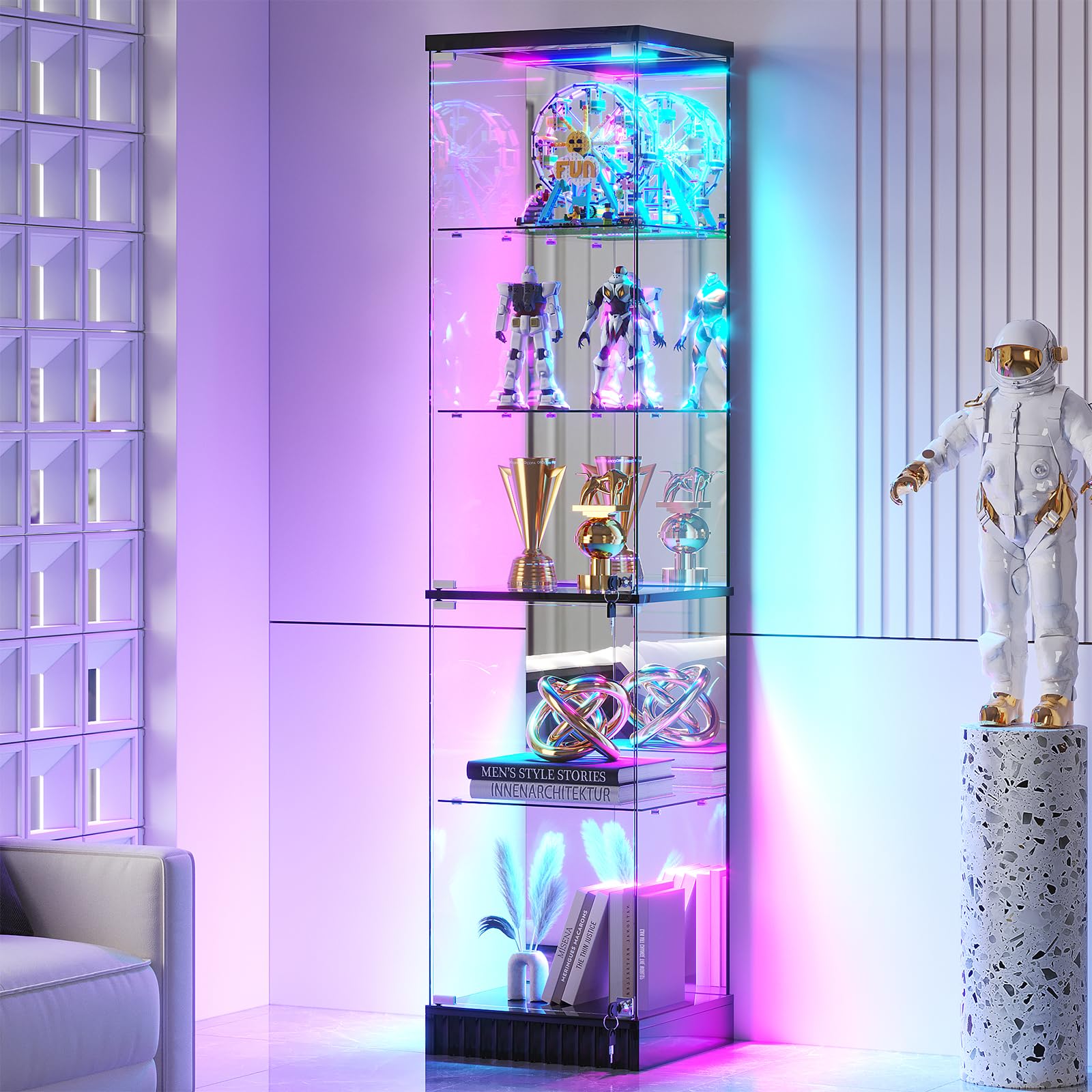 Gurexl RGB Glass Display Cabinet with Human Sensor,67″ Storage Cabinet with Lockable Glass Door and Dynamic lighting,5 Tier Curio Cabinet with 3 Removable shelves for Bricks,Living Room,Bedroom,White