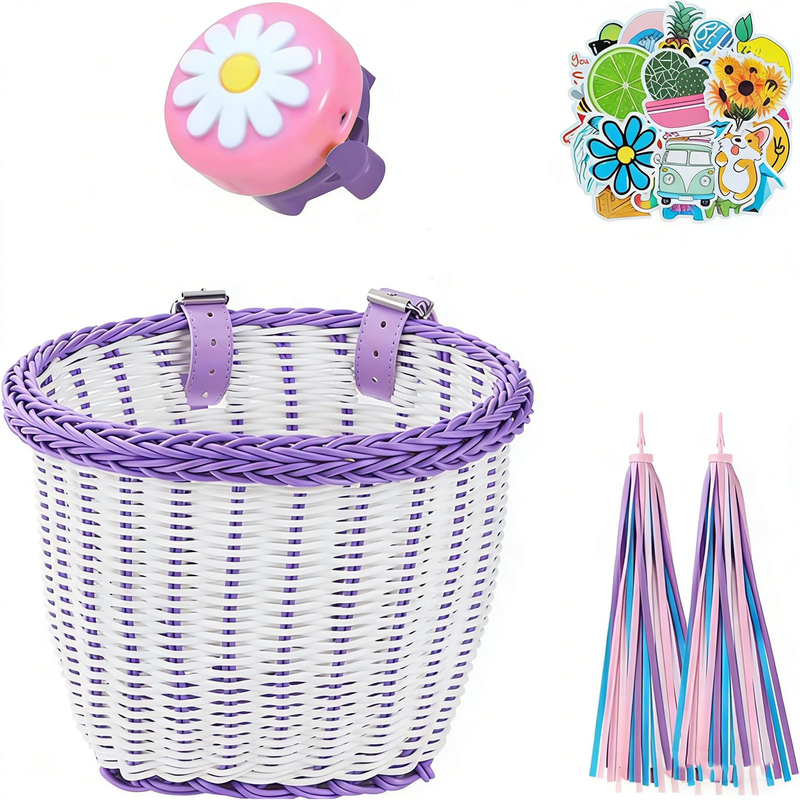 SVNR Kids Bike Basket, Wicker Girl Bike Basket Purple White, Bike Handle Bowknot Streamers and Bell, Children Cycling Basket with Spare Leather Straps, Easy Install Detachable
