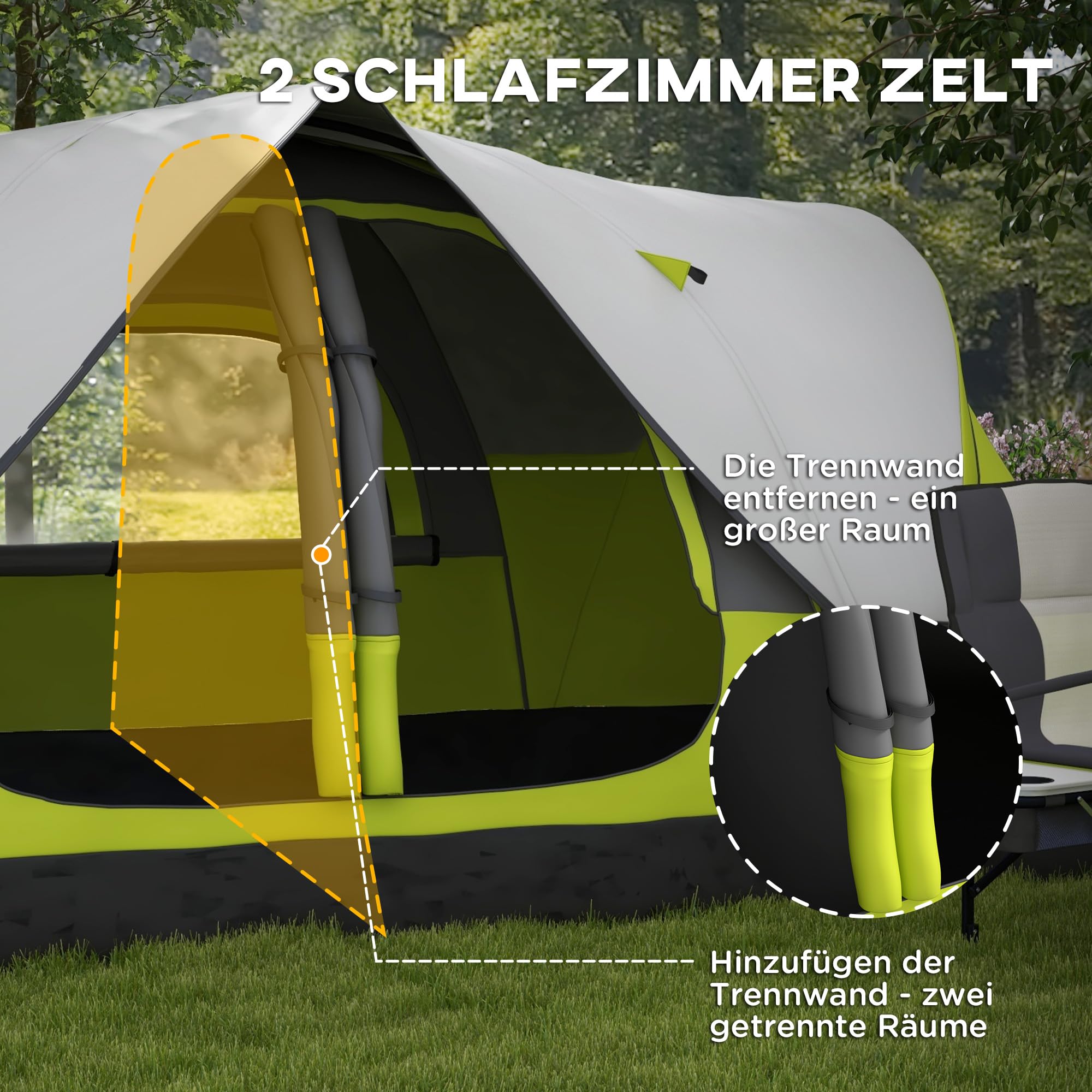 Outsunny Campingzelt, Tunnelzelt für 3 Personen, mit Lichthaken, Meshfenster, 2 Räumen Winddicht groß Familienzelt mit Tragetasche, 2000mm Wassersäule Gruppenzelt für Camping, Garten