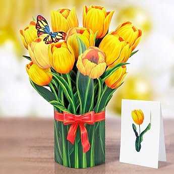 Cutpopup Yellow Tulip Bouquet - Birthday Card Woman Mother's Day Card Pop-Up 15.5 x 20.5 cm Flowers 3D Birthday Cards for Wife Daughter Her Mother Yellow Tulip Bouquet SM US8-73.SMDE