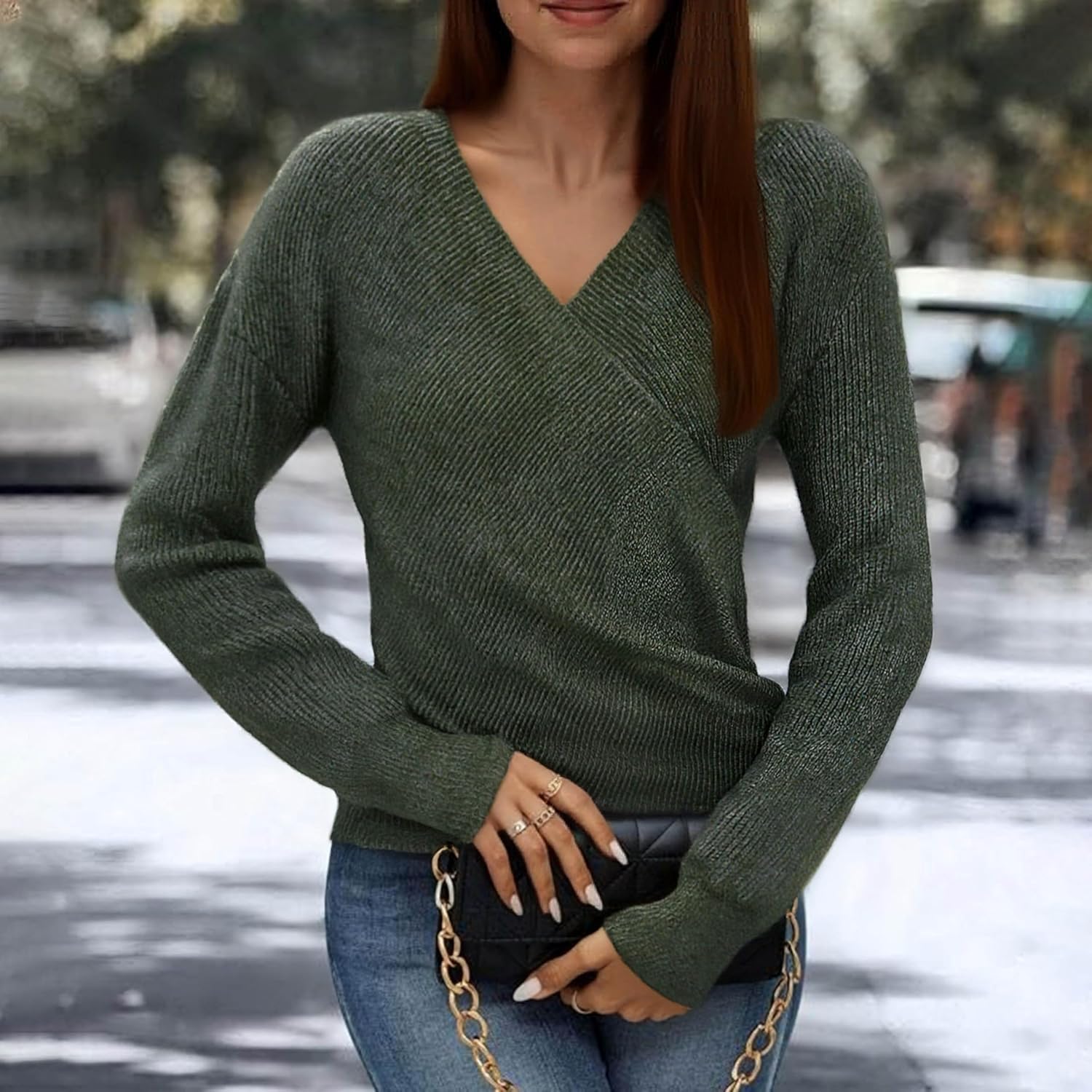 Womens Criss Cross Sweater V Neck Long Sleeve Off Shoulder Pullover Wrap Ruched Knit Casual Fall Winter Jumper Tops - Image 4