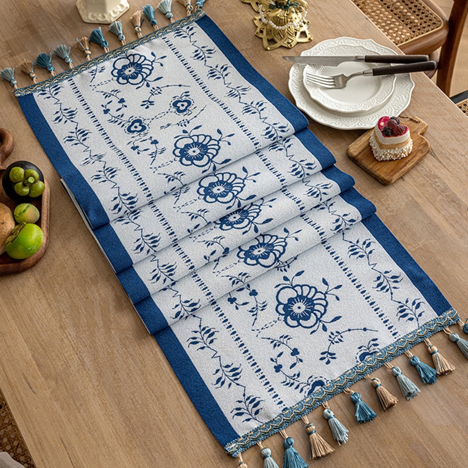 Tischläufer Hochzeit Polyester, Tischläufer Landhausstil 35x240 cm, Leinenoptik mit Blauem Blumenjacquard
