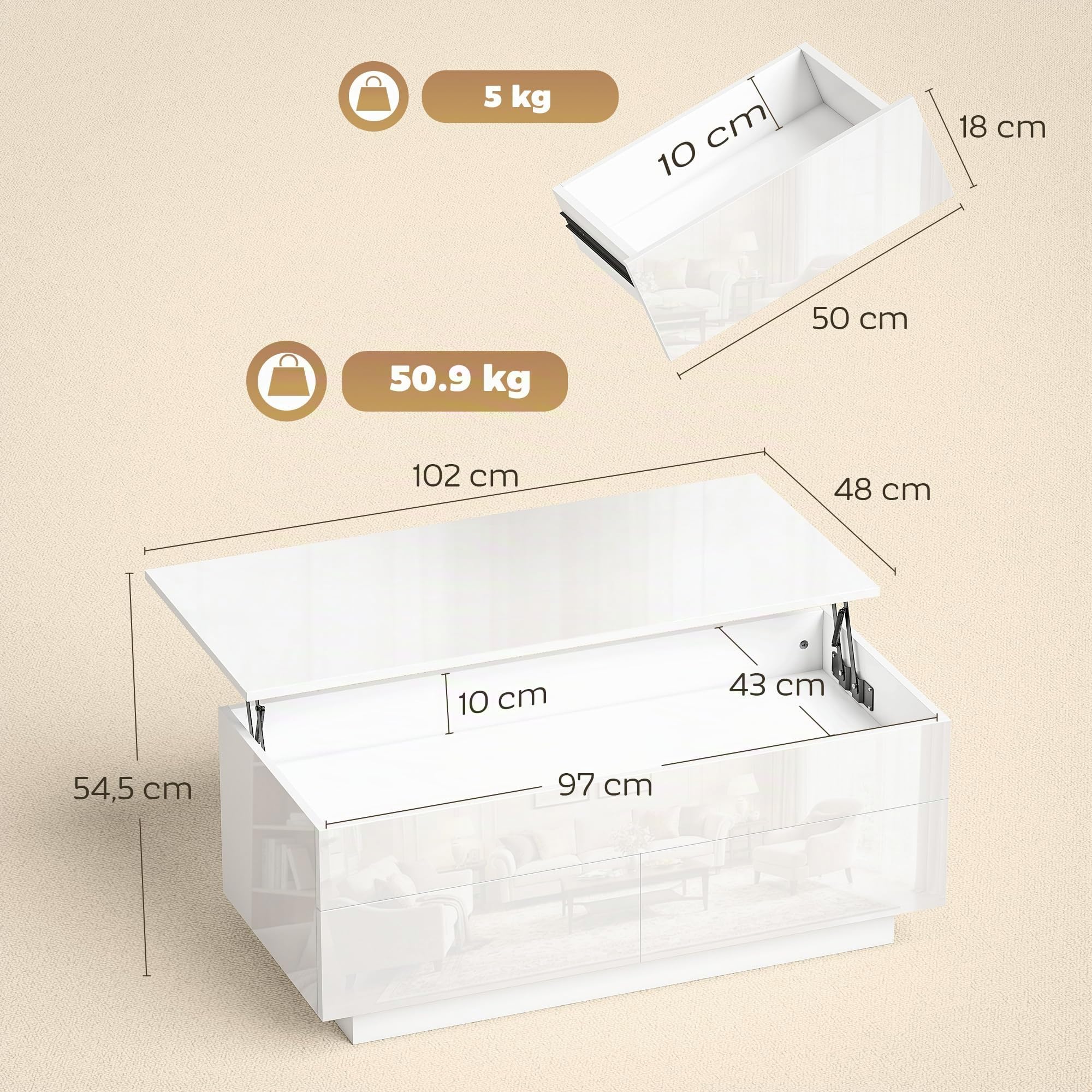 Table Basse HOMCOM réglable en Hauteur, Table de Salon avec Plateau relevable, 2 tiroirs et Espace de Rangement caché, Table Basse pour Salon, Blanc Brillant