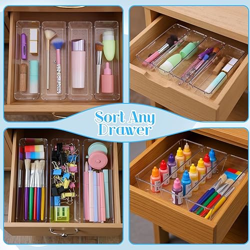 Miniatura 5 de Organizador de cajones de plástico transparente de 9 x 3 x 2 pulgadas, para cocina, baño, nevera, utensilios, tocador, cajón, bandeja organizadora