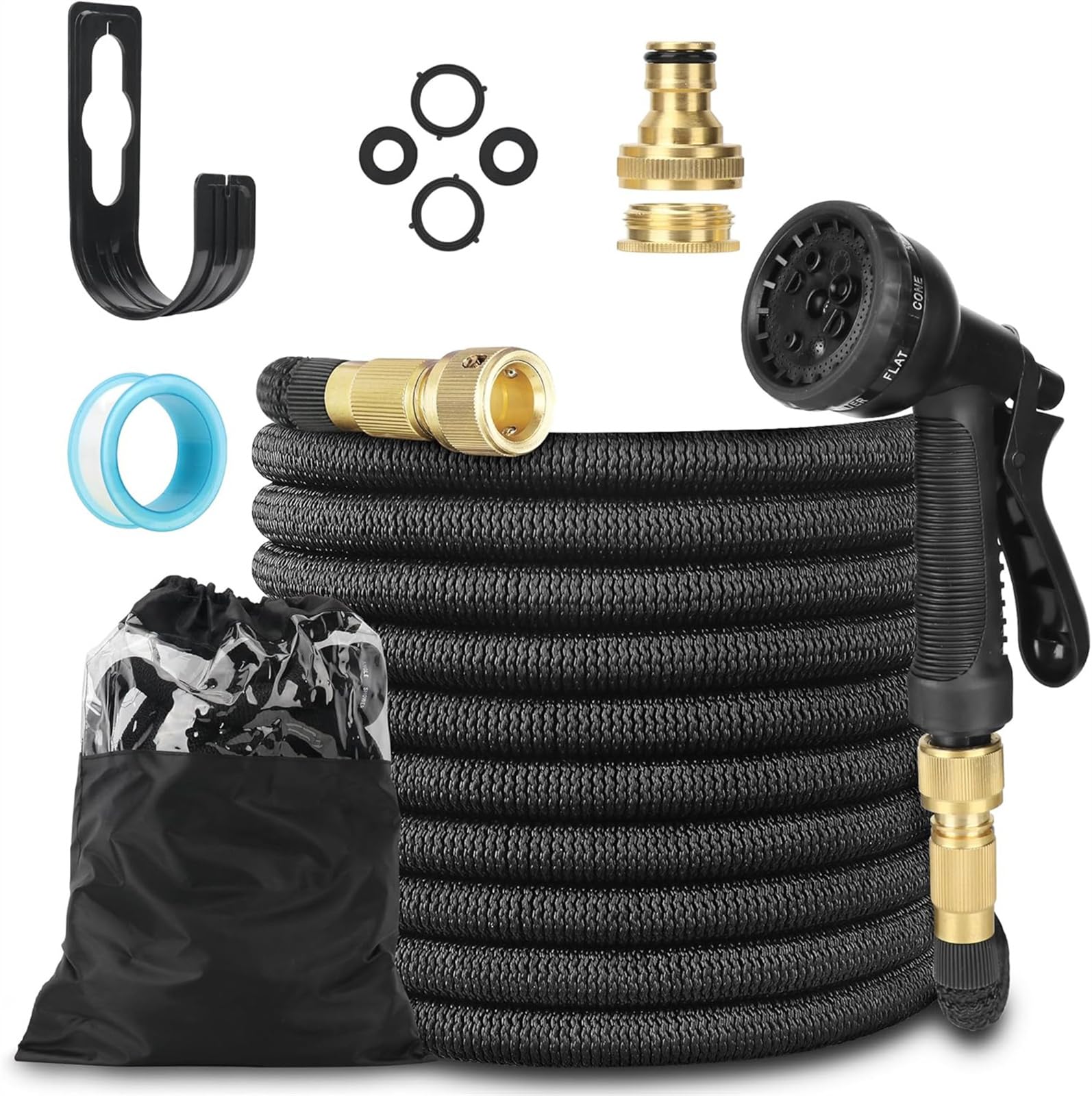 Lingky Black 25Ft Expandable Garden Hose Pipe With 1/2" & 3/4" Solid Brass Fittings, No-Kink Flexible Magic Hose Pipe Water Hose For Home Lawn Car With 8 Function Water Spray Nozzle