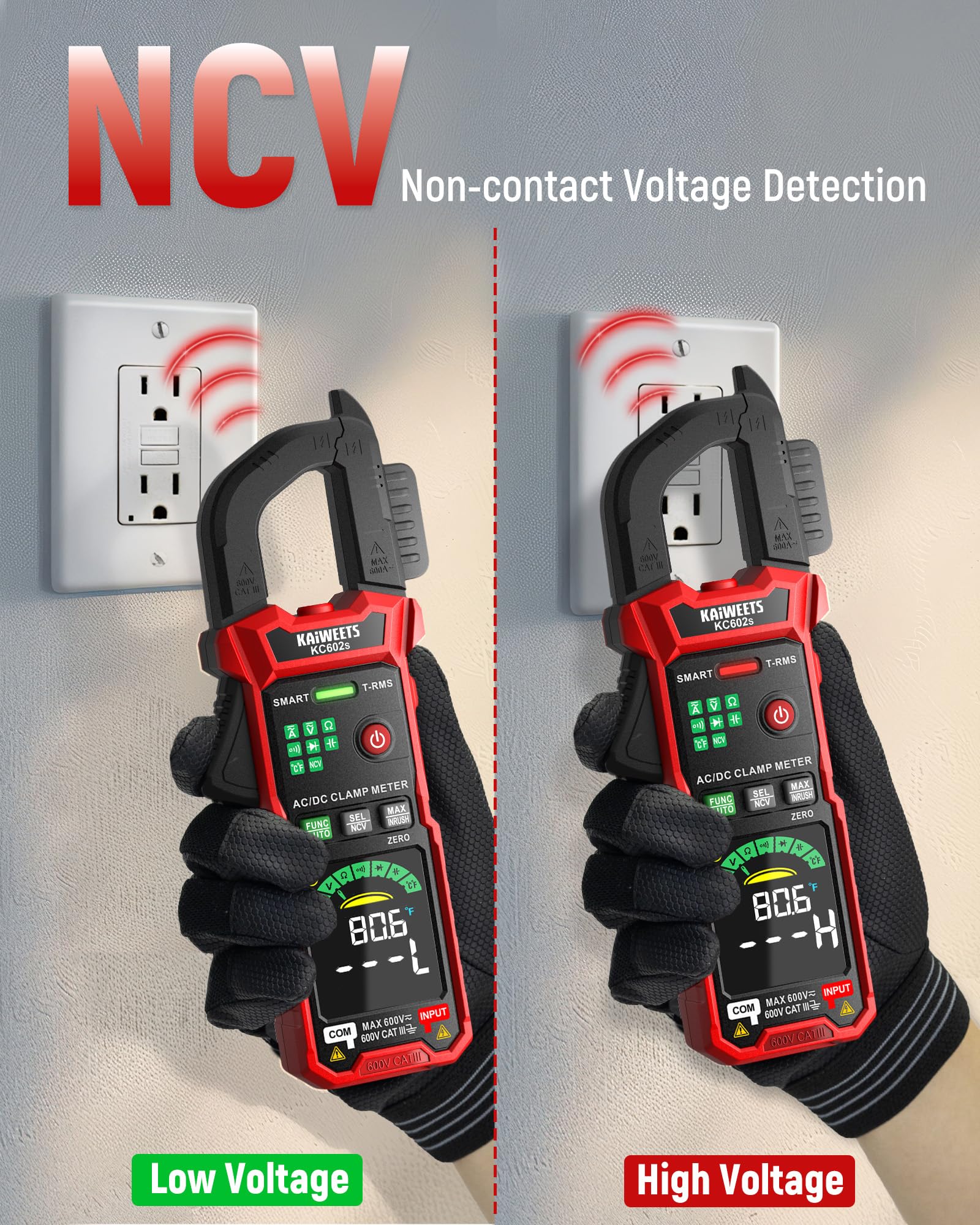 KAIWEETS Zangenmessgerät AC/DC Zangenmultimeter mit Auto-Modus, True RMS, NCV-Erkennung, Einschaltstrom, Frequenz, 6000 Counts Digitalmultimeter KC602s