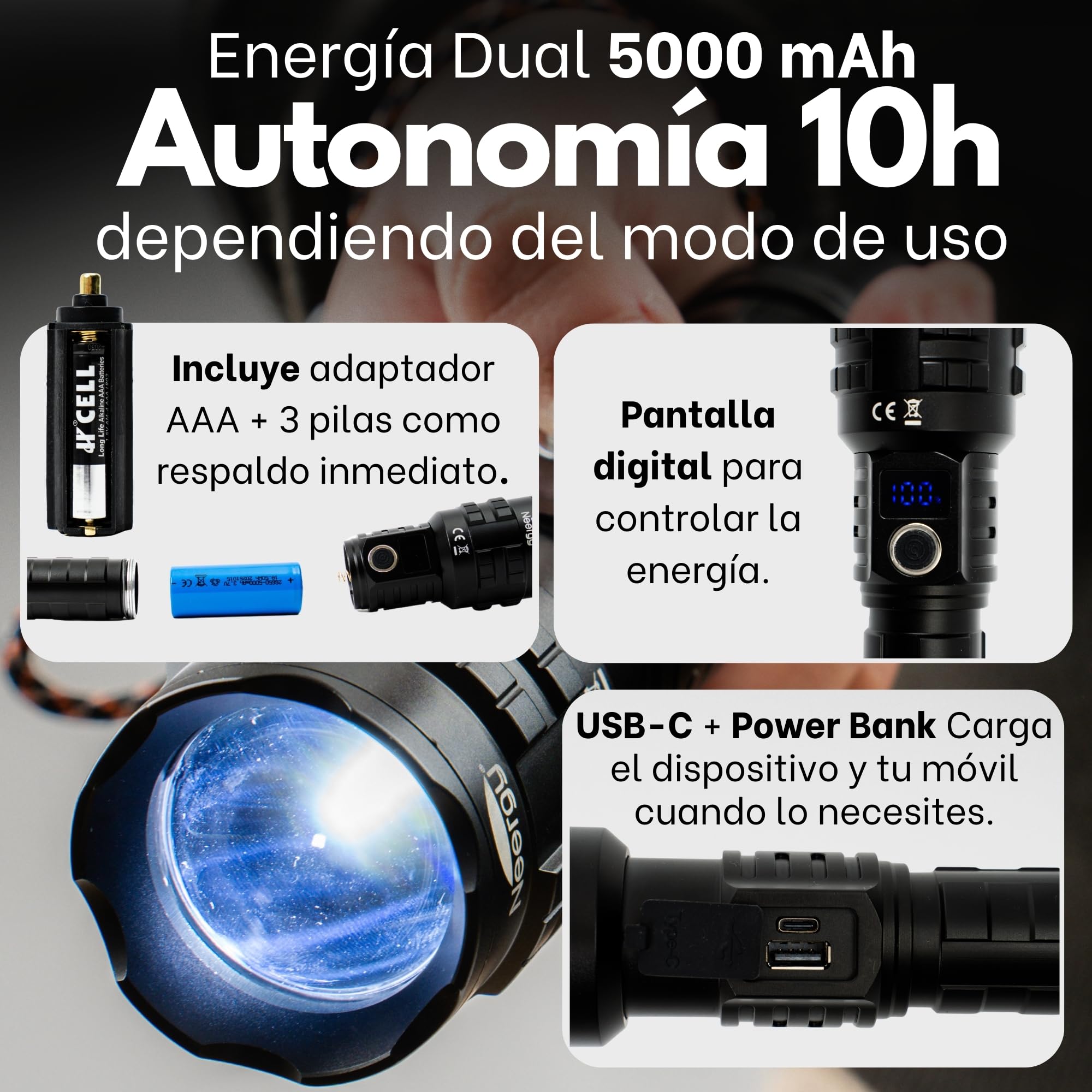 2 Piezas Linternas LED Alta Potencia, Linterna Policial Tactica Militar Recargable y a Pilas, Foco de Gran Alcance para Defensa Personal y Emergencias, Seguridad, Lanterna Recarregavel LED