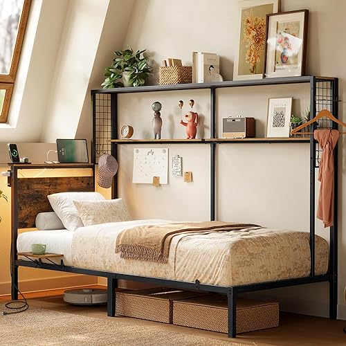 VASAGLE Twin Size Metal Bed Frame with Headboard, Multifunctional Storage, Built-in LED Lights, Charging Station, Bookshelf, Bedside Shelf, Space-Saving, No Box Spring Needed, Rustic Brown URMB963K02