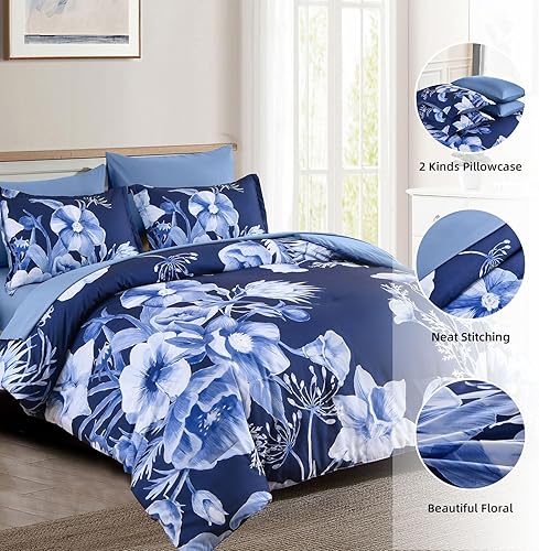 Miniatura 2 de Luxudecor Juego de edredón floral tamaño King de 7 piezas, cama de flores azul marino en una bolsa, elegante edredón floral con juego de sábanas,