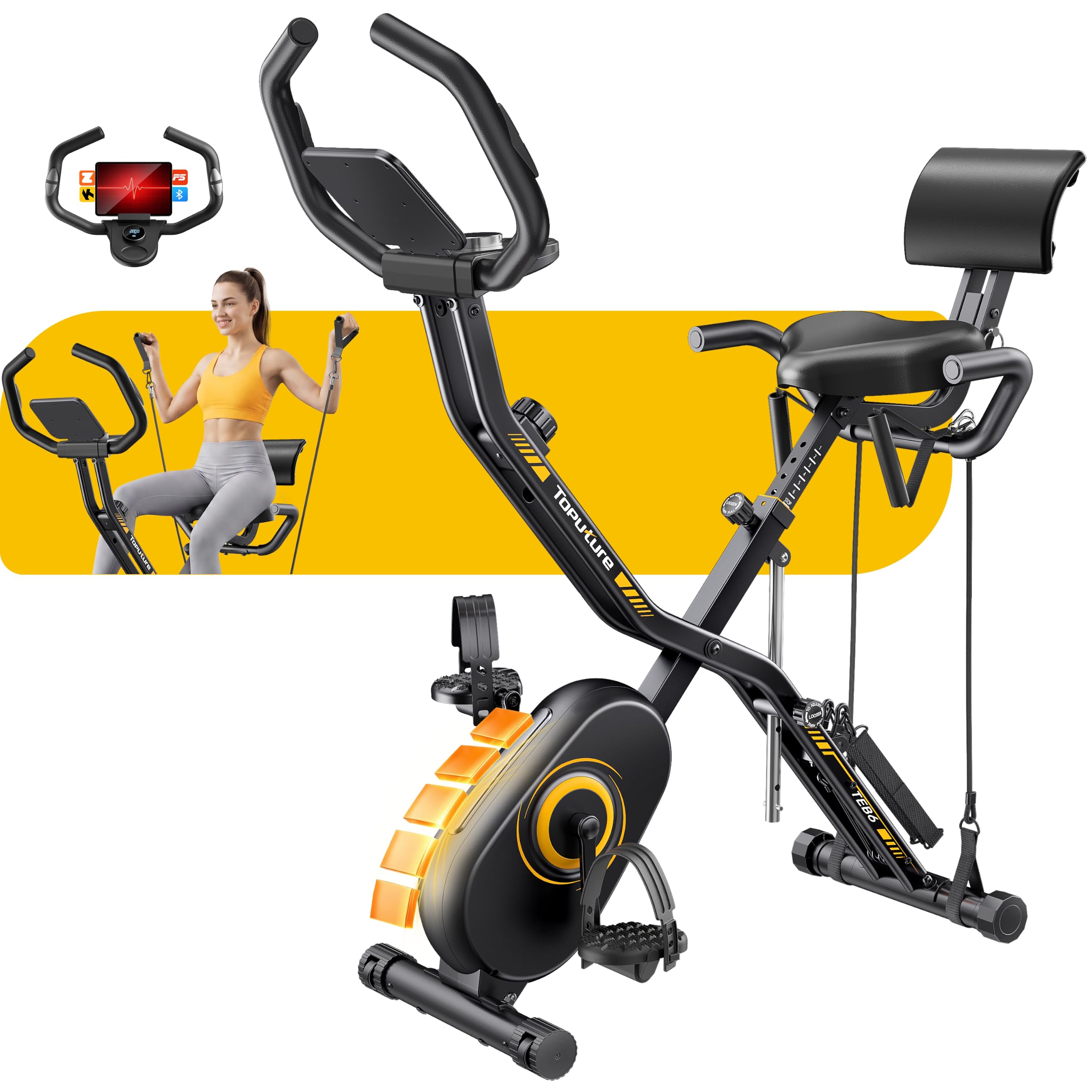 Nuova Toputure Cyclette da Casa Pieghevole con APP, Cyclette Pieghevole 5 in 1 con 16 Livelli di Resistenza, Display LCD e Cardiofrequenzimetro, Fasce Elastiche, Ultra Silenziosa, Portata 150 kg