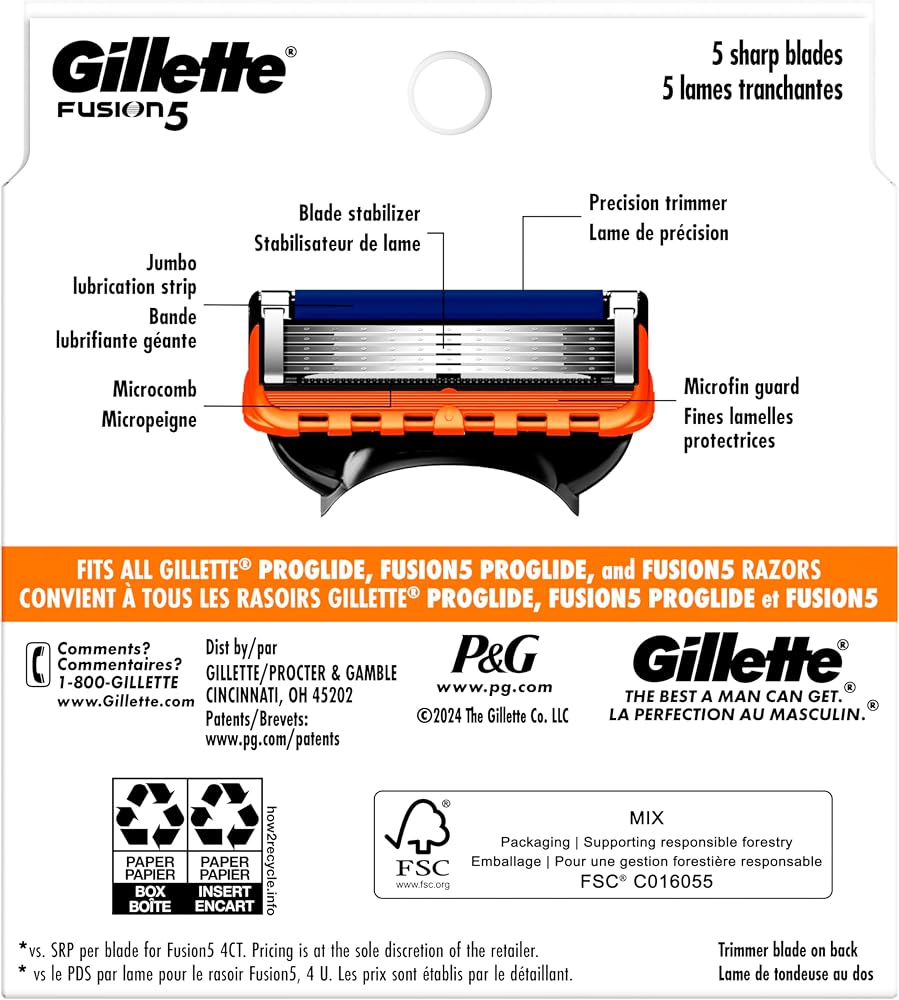 Gillette Fusion5 Razor Blade Refills for men- 12 Count – 5-Bladed with Lubrication Strip and Precision Trimmer
