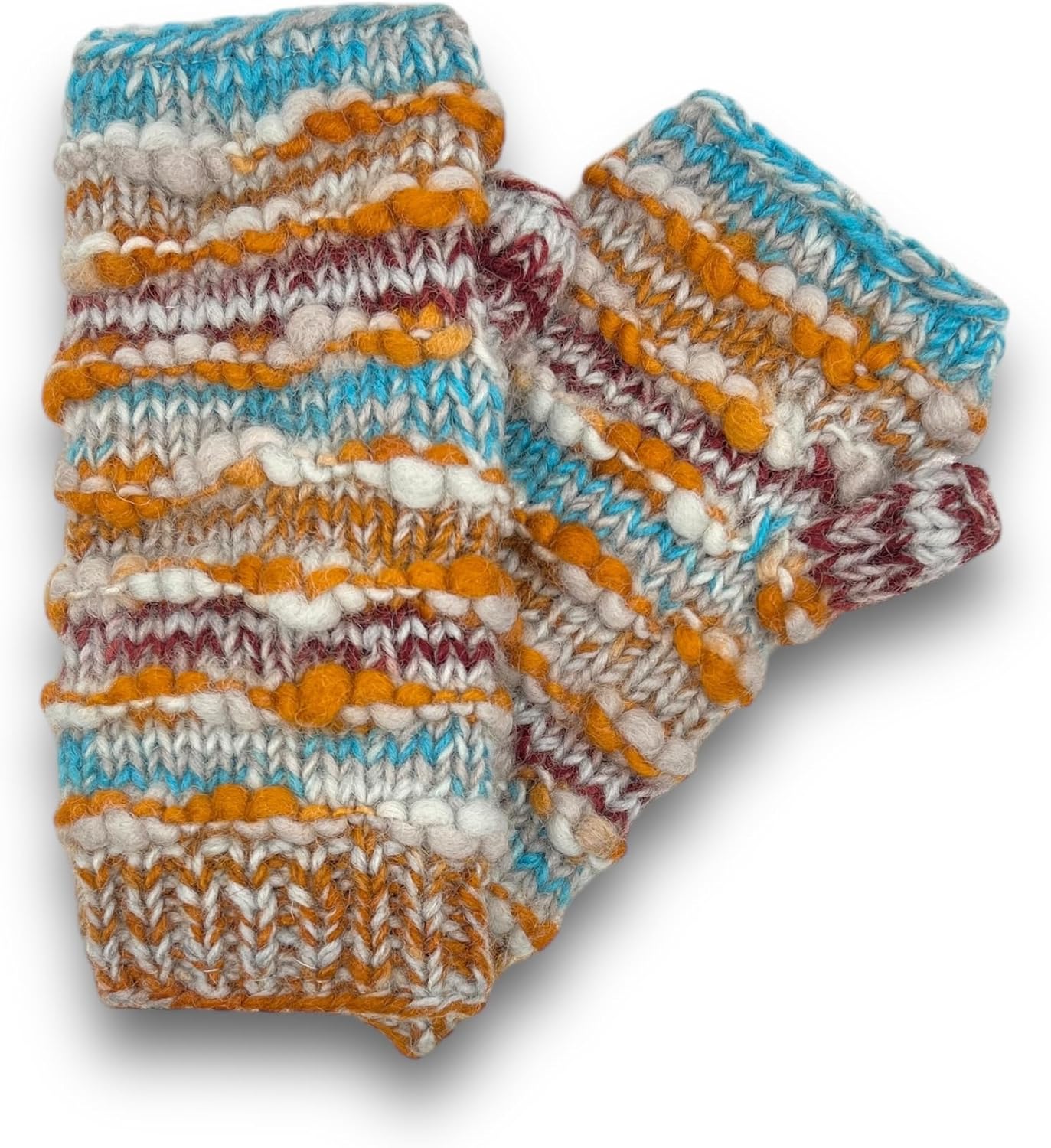 Hand Knit Winter Fingerless Striped Texting Gloves Warm Wool Fleece Lined - Image 3