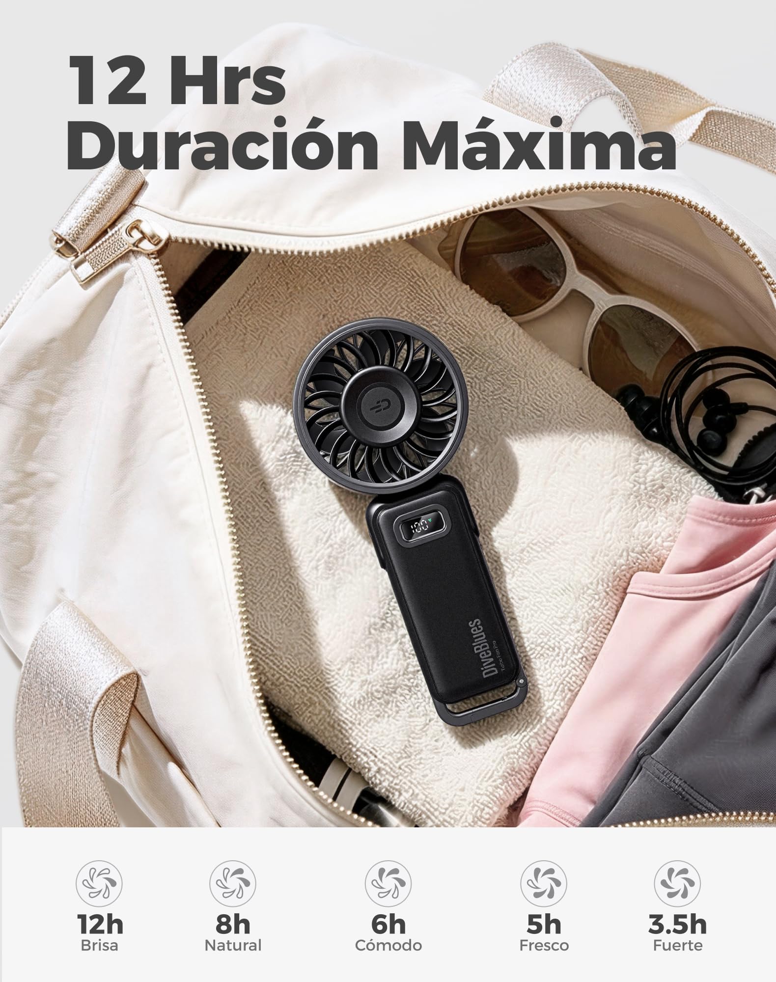 Diveblues - Ventilador Portátil de Mano Plegable con Batería - para Mano, Escritorio y Cuello - 100 Velocidades Ajustables y hasta 12h de Autonomía - Ideal para Viajar, Playa, Camping y Oficina