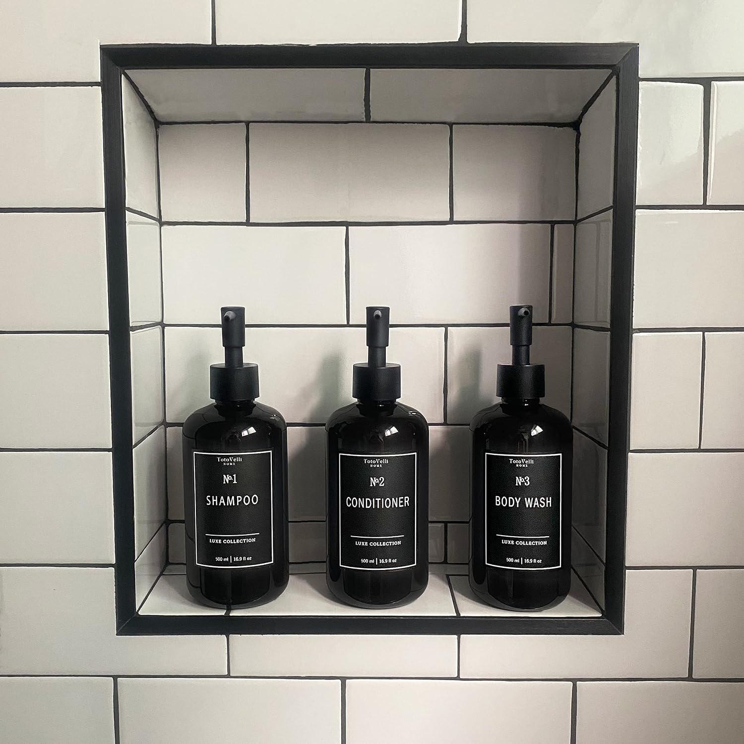 Refillable Shampoo and Conditioner Bottles - Empty Soap Dispenser Set of 5 (16.9oz) - Plastic Bathroom Shower Dispensers for Body Wash Lotion Hand & Dish Soap (Amber Bottles - Black Labels)