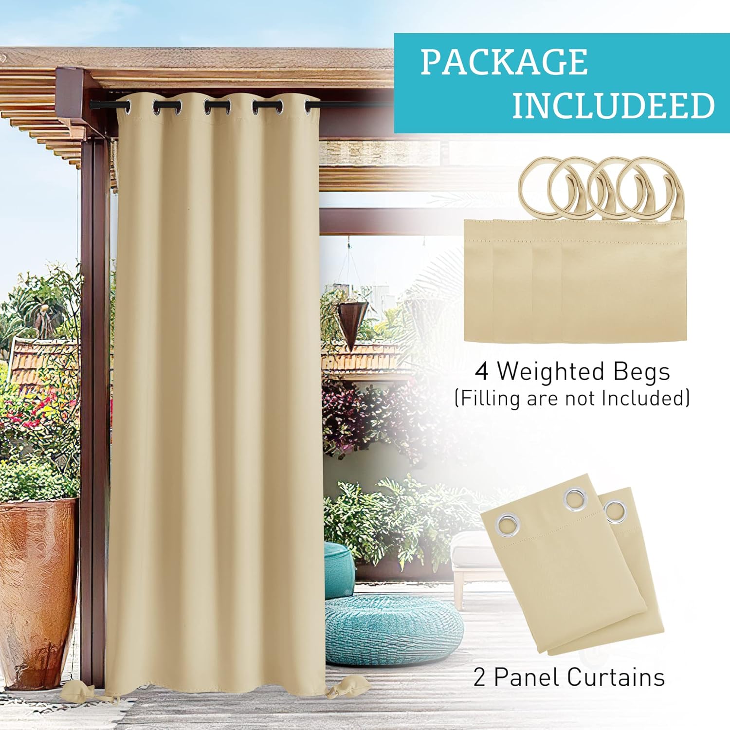 RYB HOME Outdoor Curtains Windproof - Waterproof Blackout Curtain with Weight Bags, Privacy Insulated Drapes for Patio Screen Porch Pergola Terrace Arbor, W 52" x L 96", Beige, 2 Panels