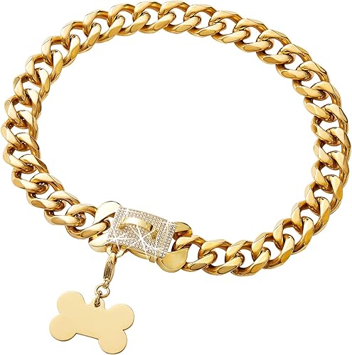 Collar de cadena de perro dorado con circonita brillante con hebilla segura y etiqueta de identificación accesorios de moda para perrito collar de