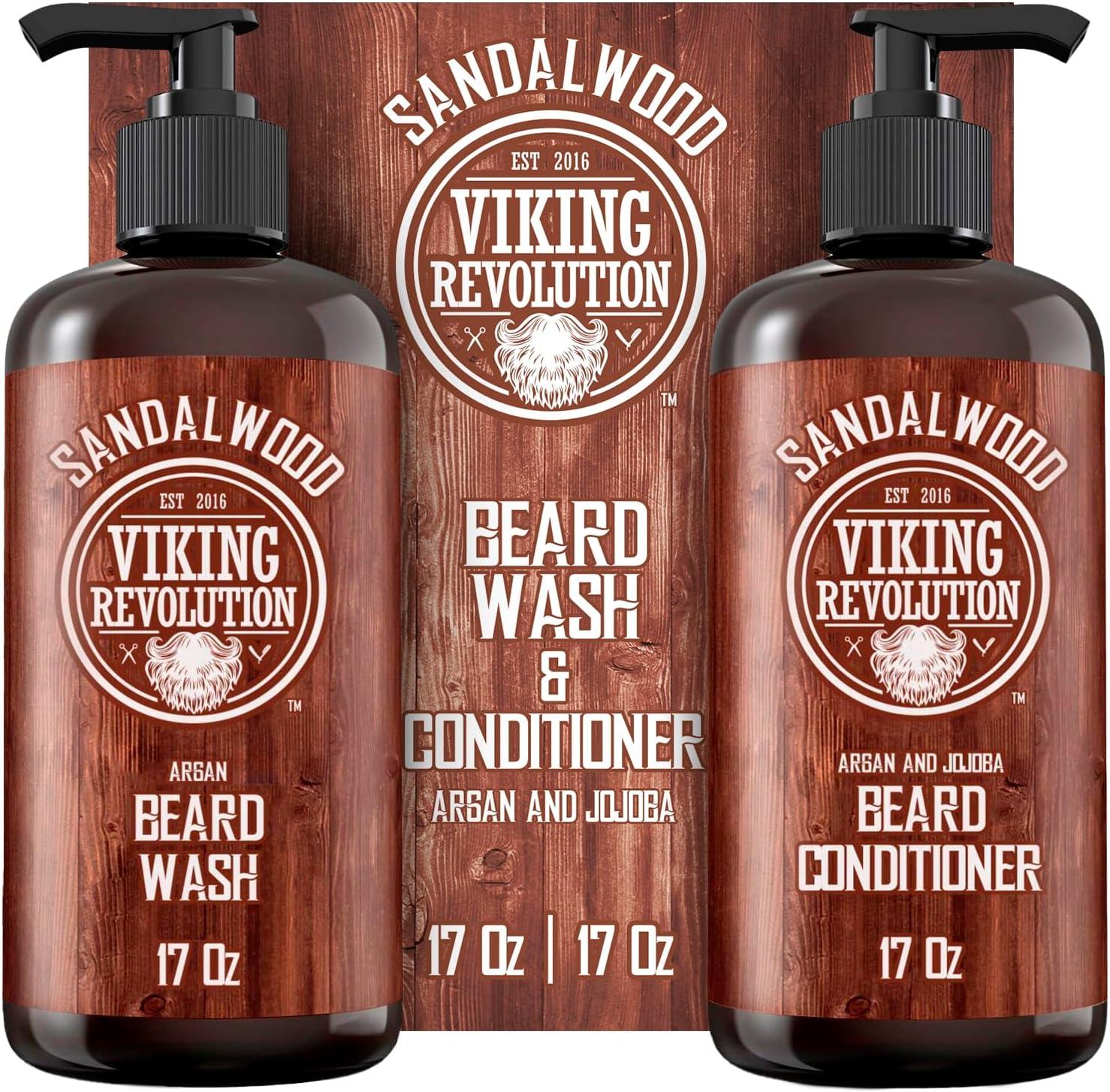 Beard Wash & Beard Conditioner Set with Argan & Jojoba Oils - Softens and Strengthens - Natural Sandalwood Scent - Beard Shampoo with Beard Oil (17 oz)