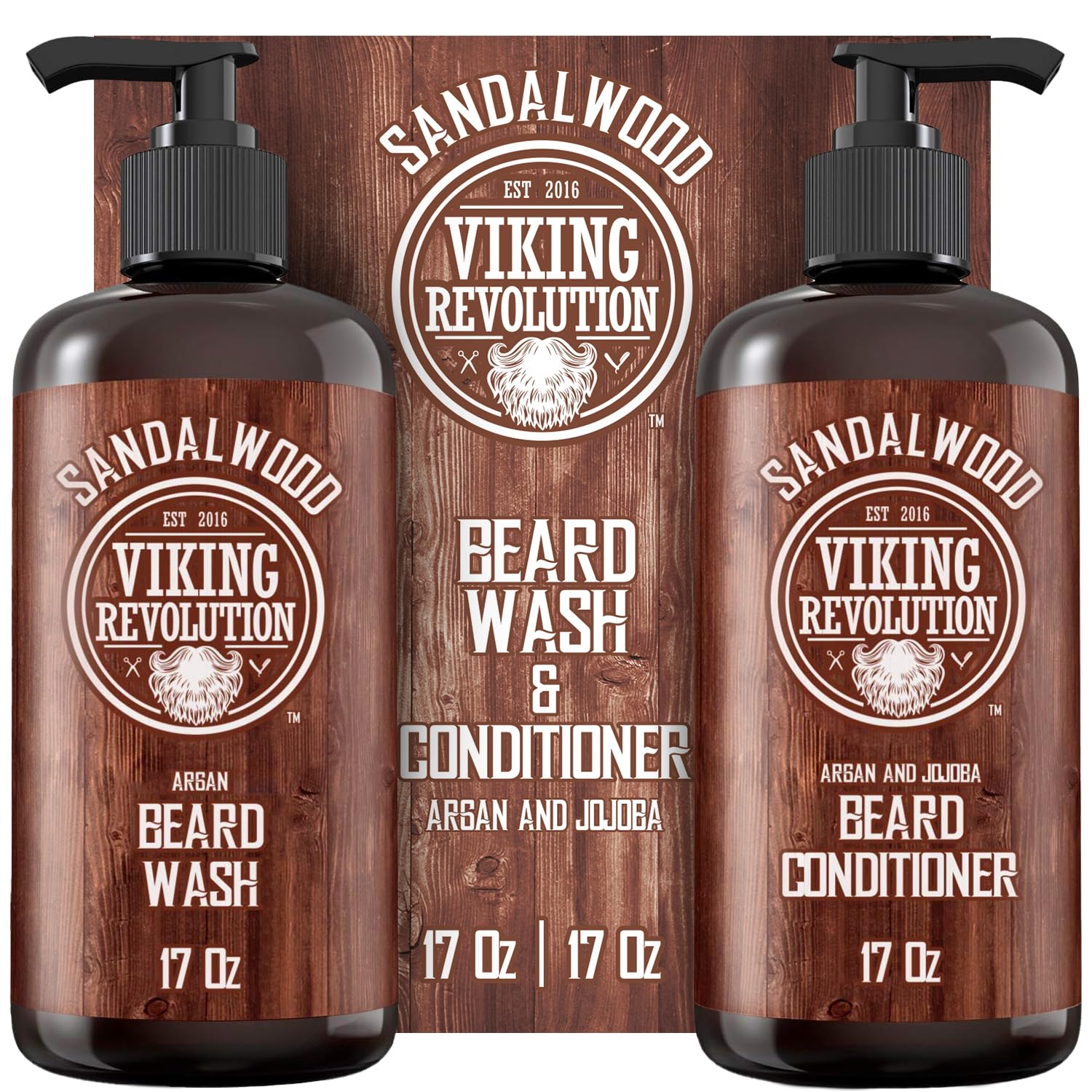 Viking Revolution Beard Wash & Beard Conditioner Set with Argan & Jojoba Oils – Softens and Strengthens – Natural Sandalwood Scent – Beard Shampoo with Beard Oil (17 oz) Viking Revolution Beard Wash & Beard Conditioner Set with Argan & Jojoba Oils – Softens and Strengthens – Natural Sandalwood Scent – Beard Shampoo with Beard Oil (17 oz)