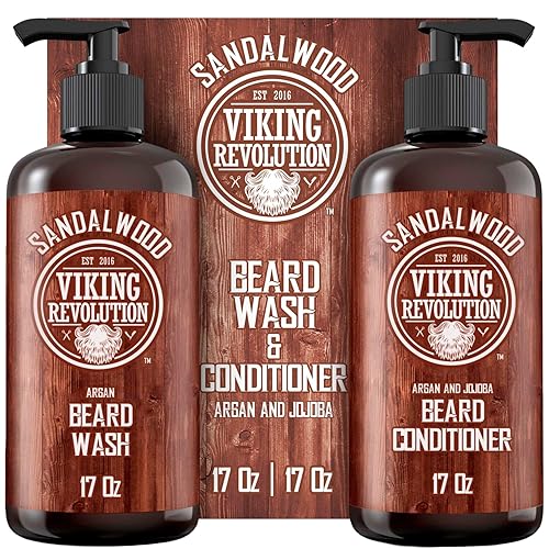Viking Revolution Juego de acondicionador para barba y lavado de barba con aceites de argán y jojoba, suaviza y fortalece, aroma natural de sándalo,