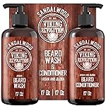 Viking Revolution Beard Wash & Beard Conditioner Set with Argan & Jojoba Oils - Softens and Strengthens - Natural Sandalwood Scent - Beard Shampoo with Beard Oil (17 oz)