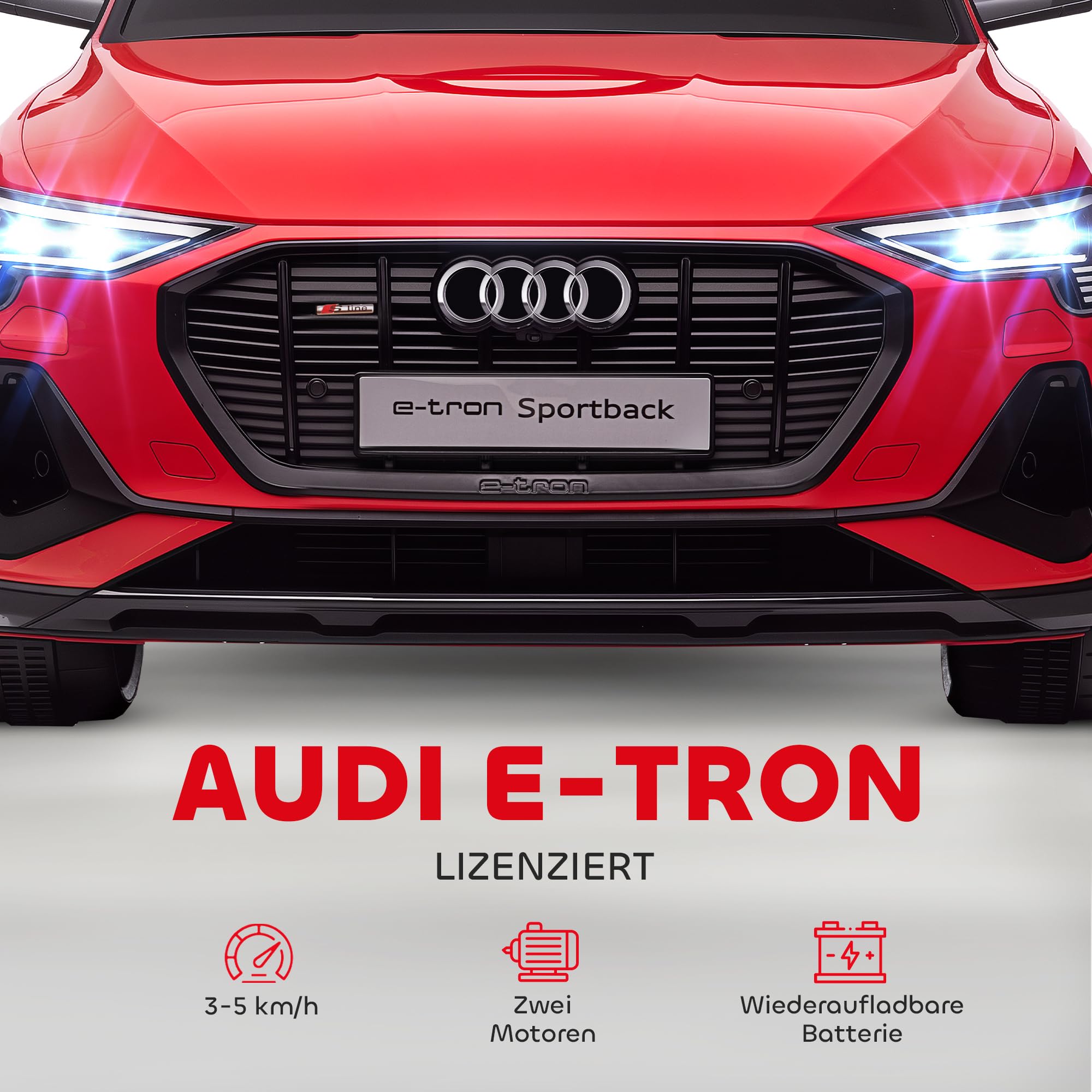 HOMCOM Elektro Kinderauto 12V Audi E-tron Elektrofahrzeug mit Fernbedienung, Sicherheitsgurt und Musikfunktion (MP3/USB/TF), Kinderfahrzeug für 3-5 Jahre, 3-5 km/h, Rot