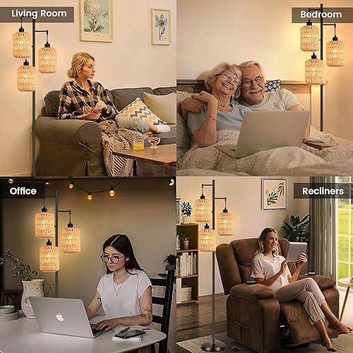 Miniatura 7 de Lámpara de pie con diseño de árbol de 3 bombillas alta, rústica, estilo rural, industrial y boho, pantalla de mimbre y bambú para sala de estar,