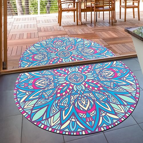 Miniatura 1 de Tapete bohemio medio redondo de tierra de diatomeas para interiores y exteriores, tapete bohemio de entrada de flores azules coloridas, parte