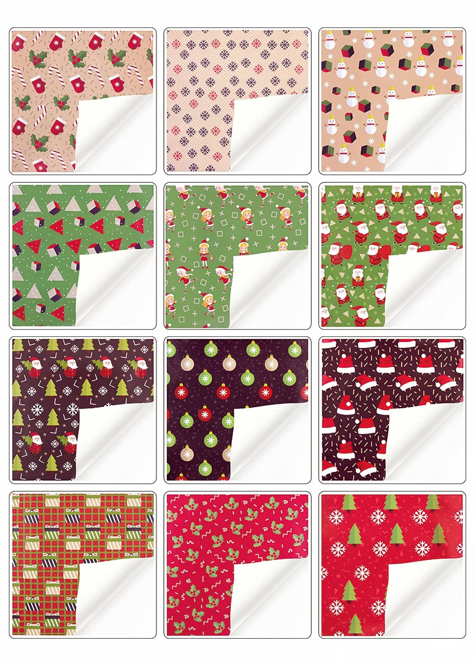 12 rolek papieru do pakowania, choinka, Święty Mikołaj, jagoda, papier prezentowy ze sznurkiem, dwustronna taśma i naklejki na baby shower, wakacje, imprezę, 40 cm x 70 cm na rolkę, czerwono-zielony