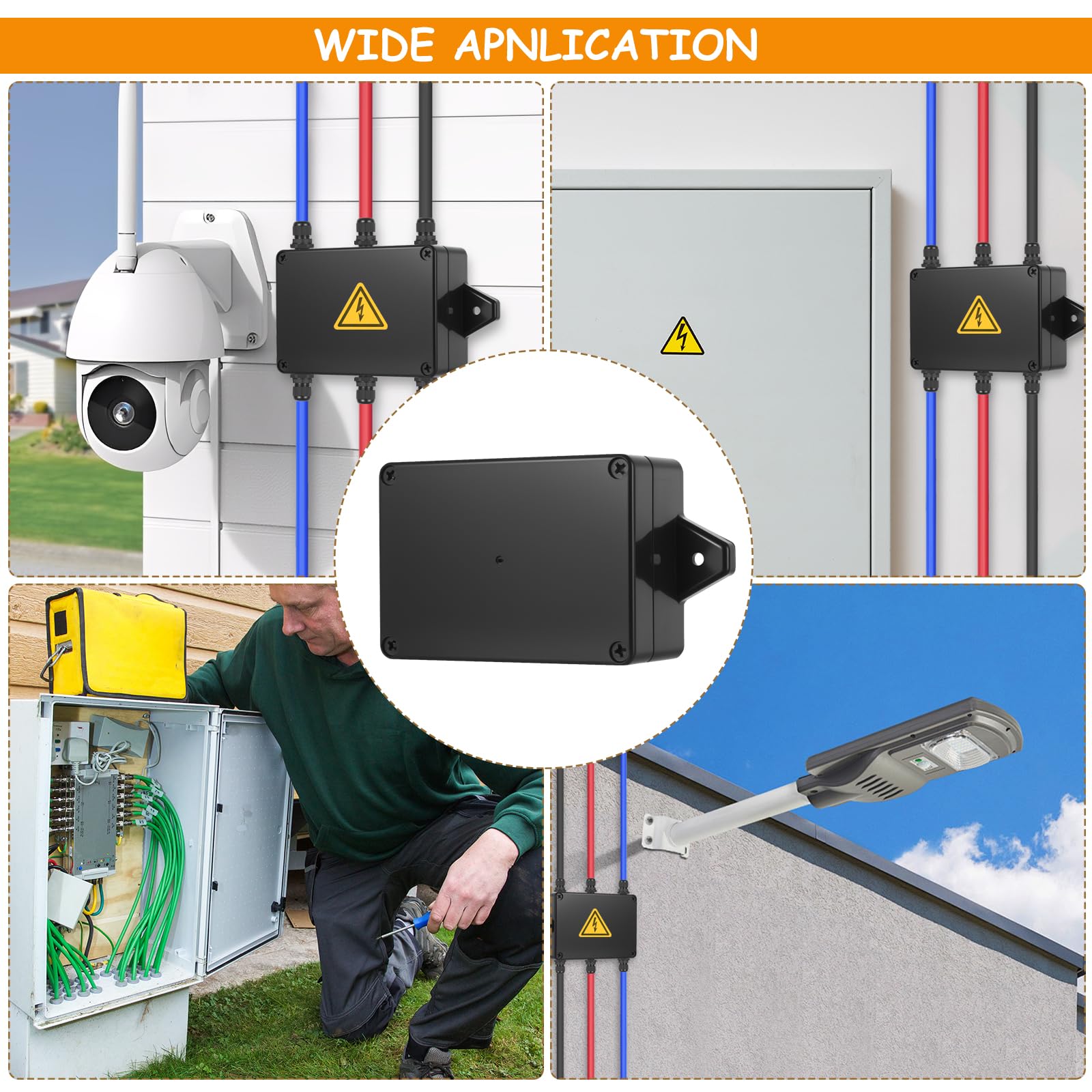 Puszka przyłączeniowa, wodoszczelna IP65, skrzynka instalacyjna elektryczna (czarna), z otwornicą 16 mm, śrubokrętem i oznaczeniem bezpieczeństwa, pałąk ochronny na kabel – 83 x 58 x 33 mm