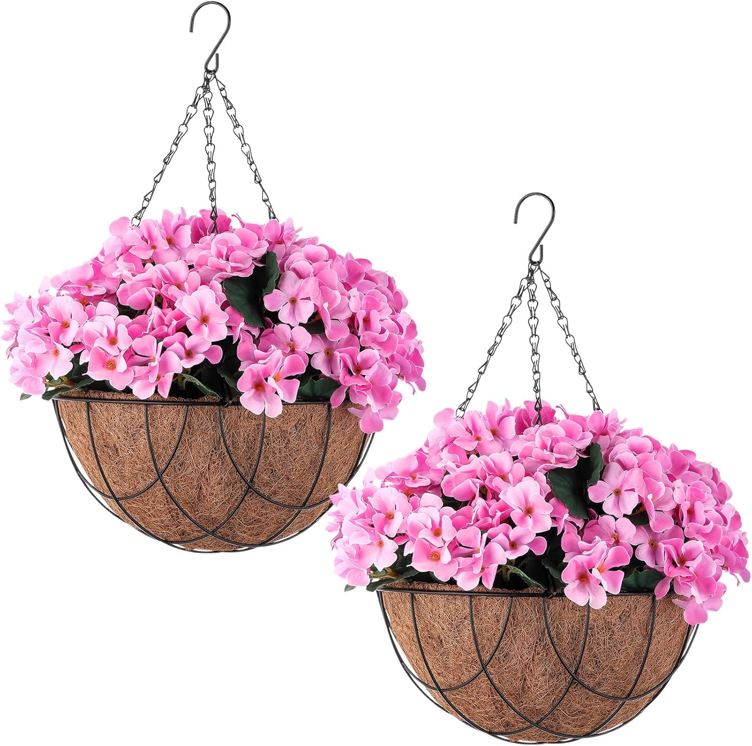 Lyrow 2 Pack Artificial Hanging Flowers in Basket Fake Porch Plants Artificial Hydrangea Arrangement in 12 Inch Coconut Lining Hanging Basket Flower for Outdoors Indoors(Pink)