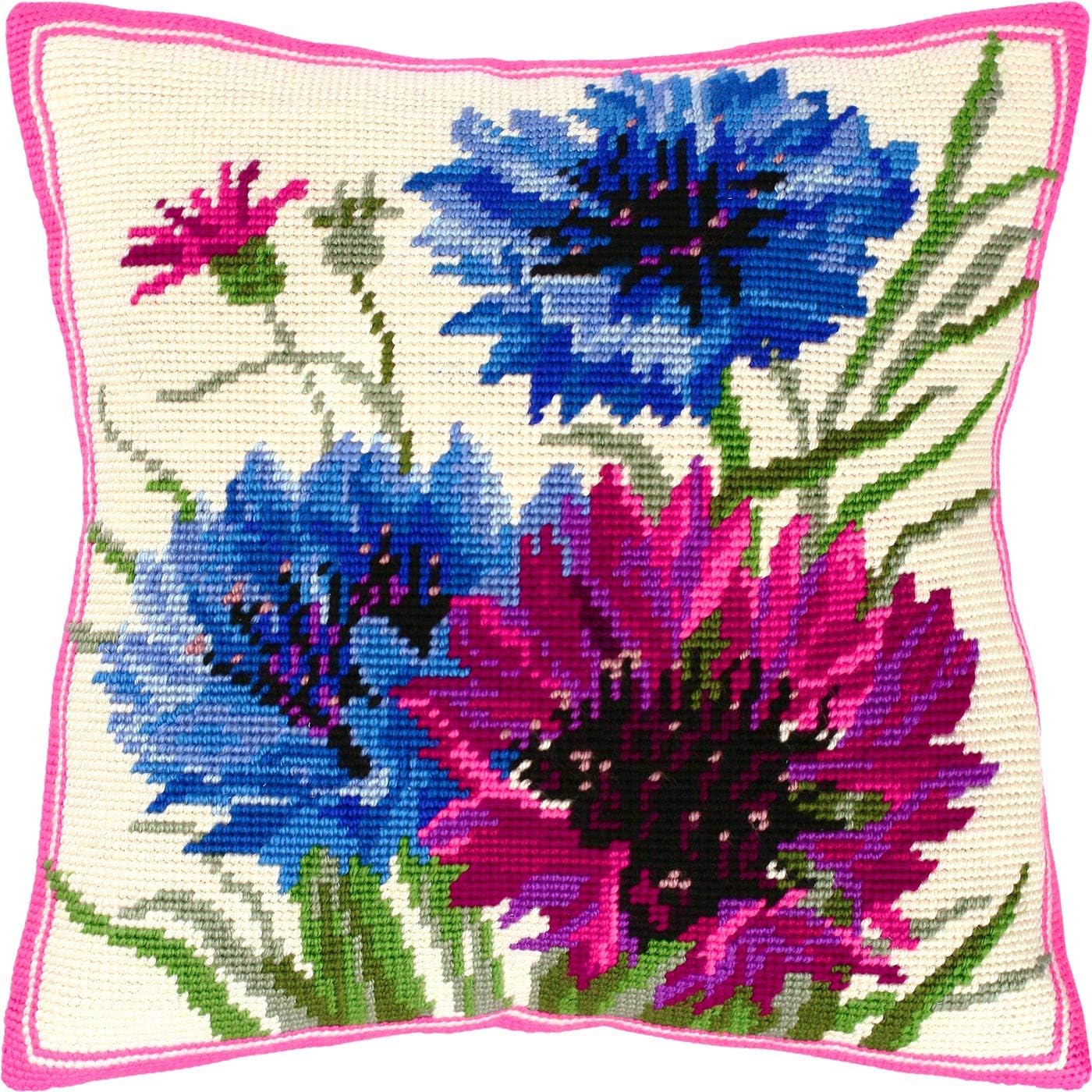 Brvsk Floral Needlepoint Kit for Adults and Beginners — Cornflowers 16″ × 16″ with Clear, Precise Printed Design on Cotton Canvas; Includes 2 Needles, Yarn, and Easy-Read Chart