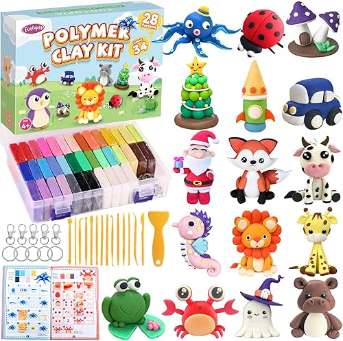 Funtopia - Kit de arcilla polimérica, arcilla de modelado de 34 colores para niños y adultos, arcilla para hornear horno con libro tutorial, caja de
