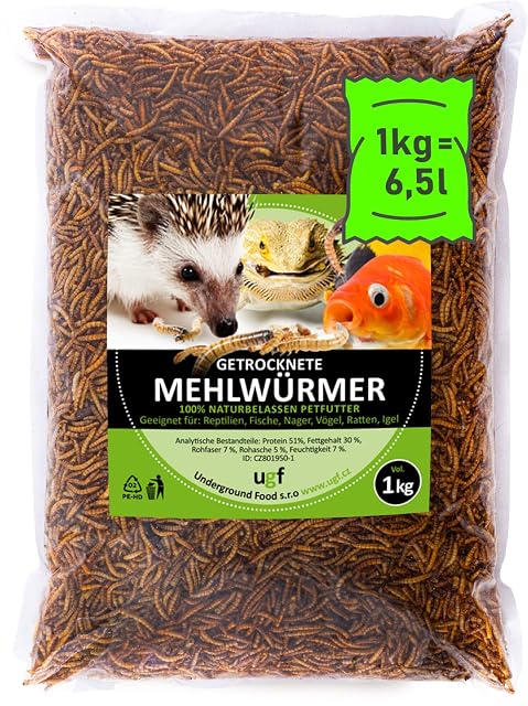 UGF - Gusanos de harina Secos Premium 1 kg, bocadillos de Insectos para hámsteres, erizos, roedores…