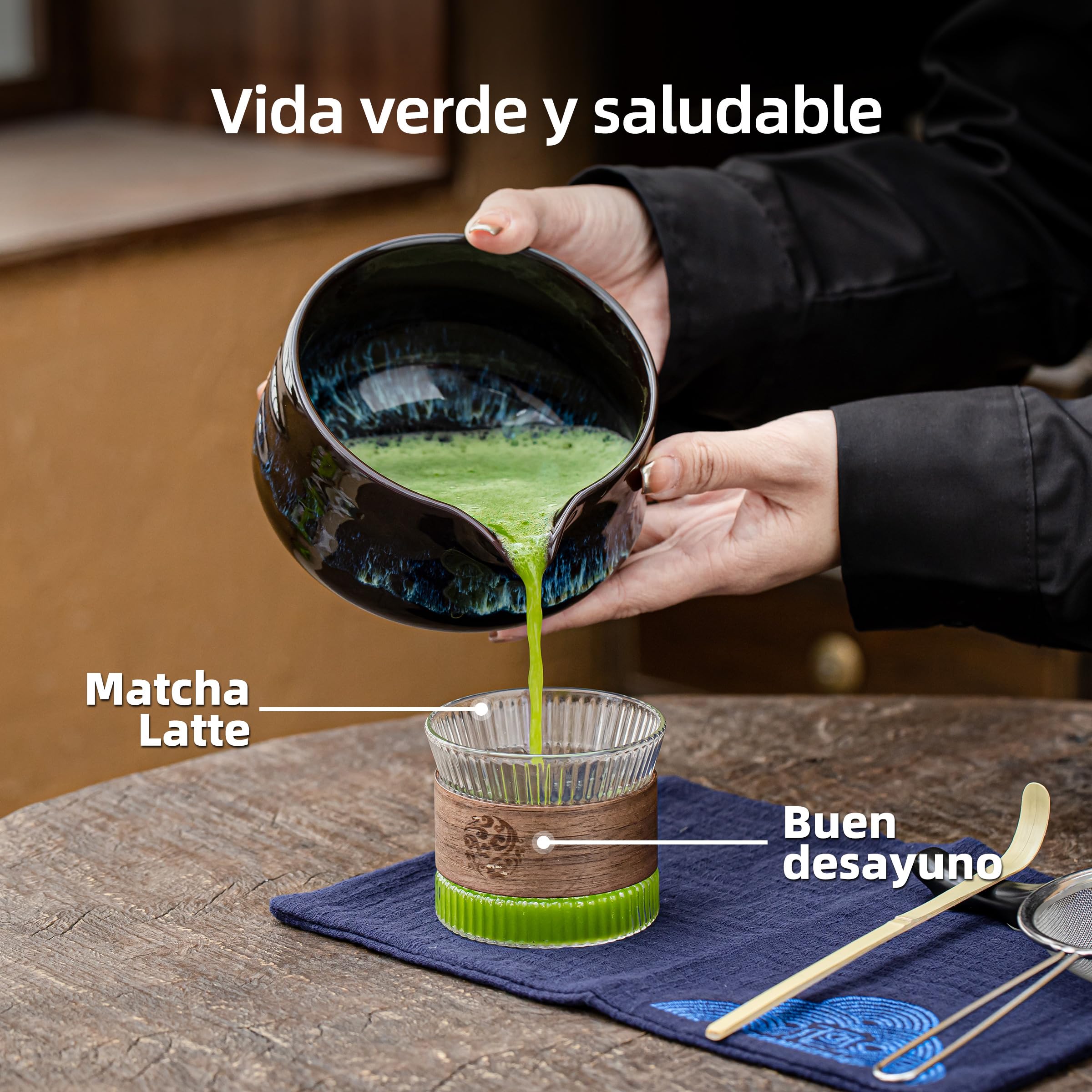 TEANAGOO Te Matcha Kit, Matcha Set 7 piezas, kit de para ceremonia, juego de té para hacer desayuno/matcha latte, cuenco de cerámica con boquilla y batidor, regalo para los