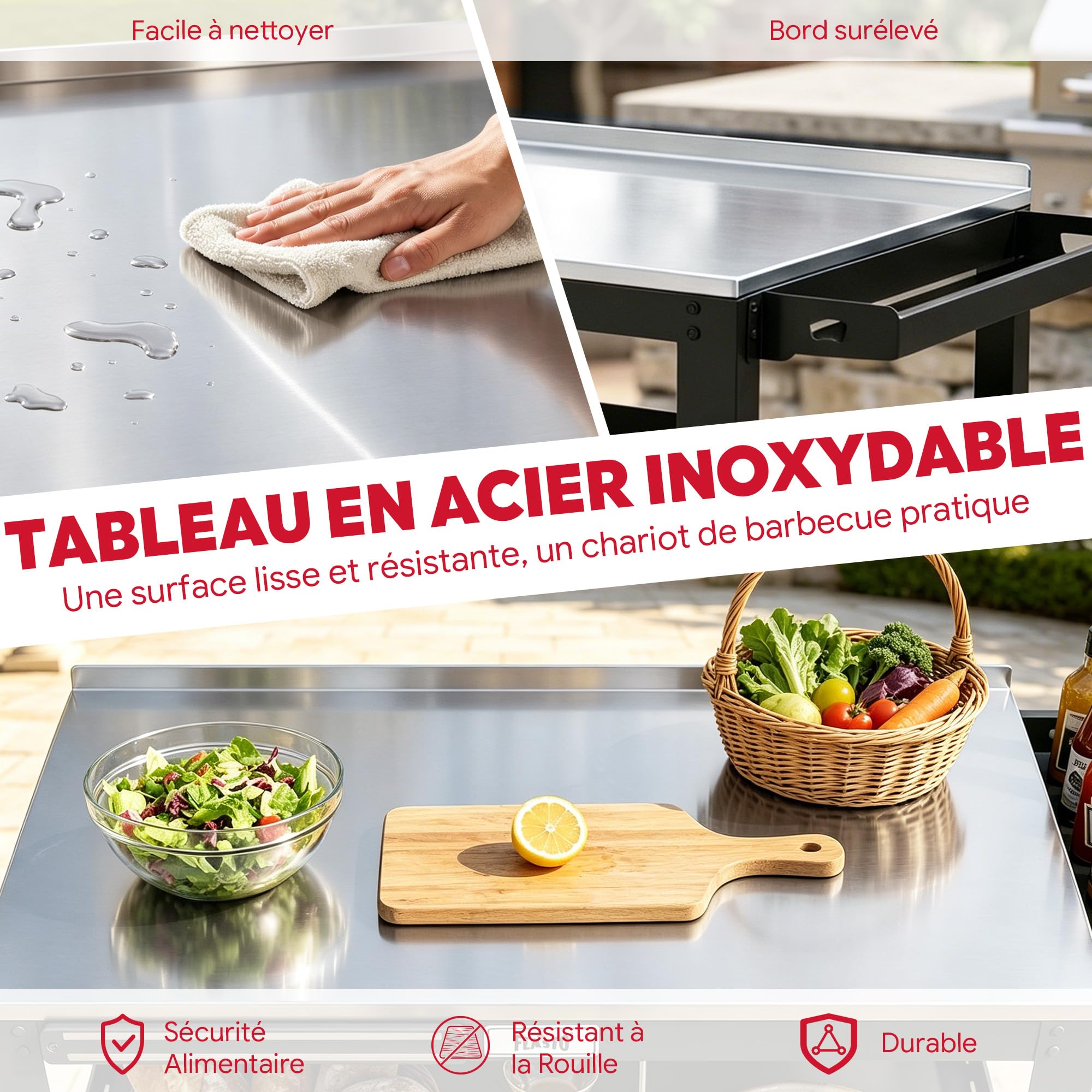 Feasto Desserte de Jardin avec Plateau en Acier INOX, Chariot pour Plancha à 3 étagères avec Barre Magnétique, Idéal pour Jardin et Terrasse, 90 x 46 x 82,5 cm