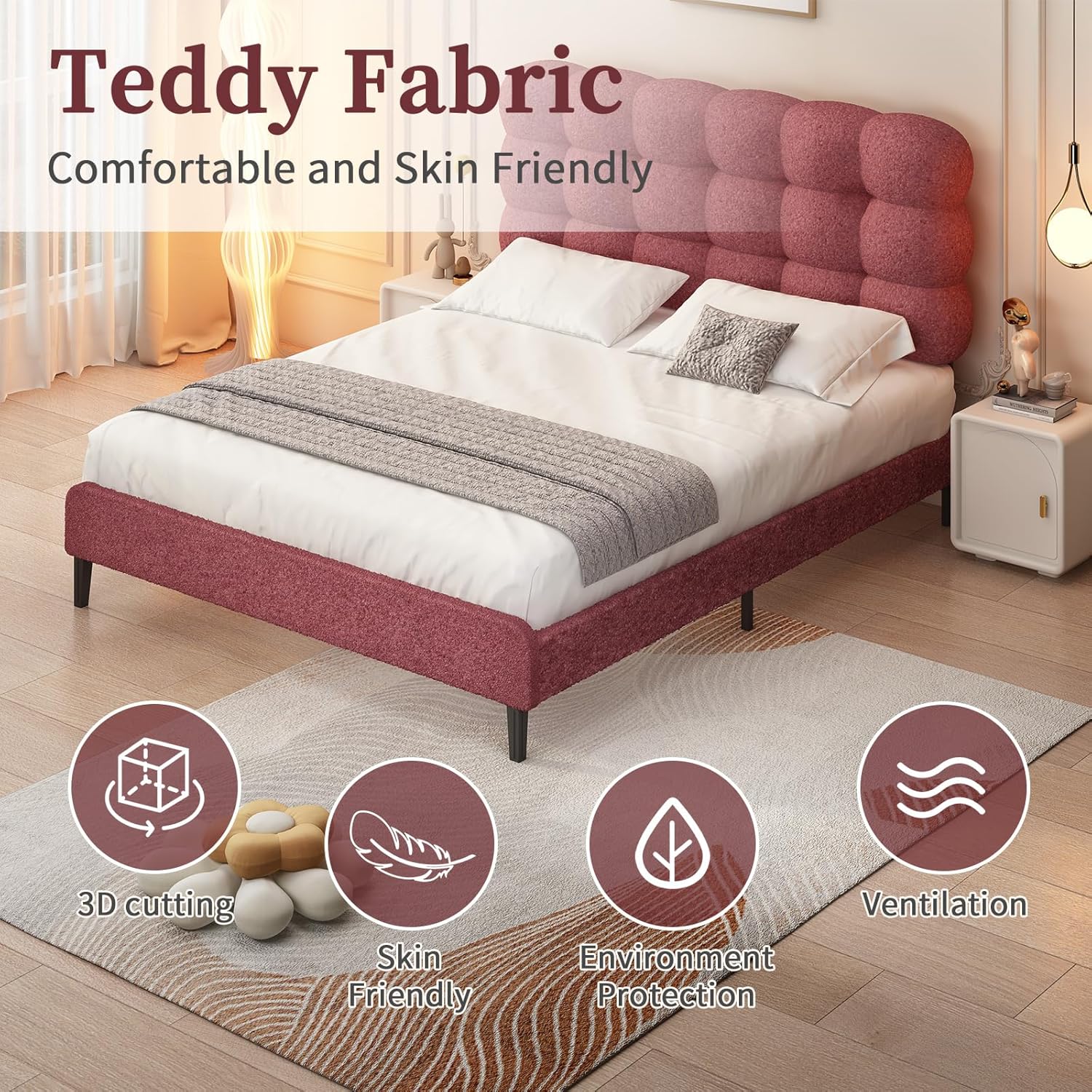 BarnFurin Queen Bed Frame with Upholstered Headboard, Boucle Bed Frame, Platform Bed with Strong Wooden Slats Support, Two Bed Forms Design, No Boxing Spring Needed, Easy Assembly, Rose