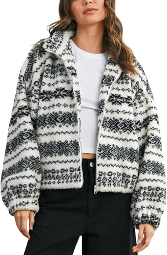 Esmeling Women Geometric Sherpa Jacket Zipper Long Sleeve Lapel Coat Winter Fuzzy Fleece Coat with Pockets