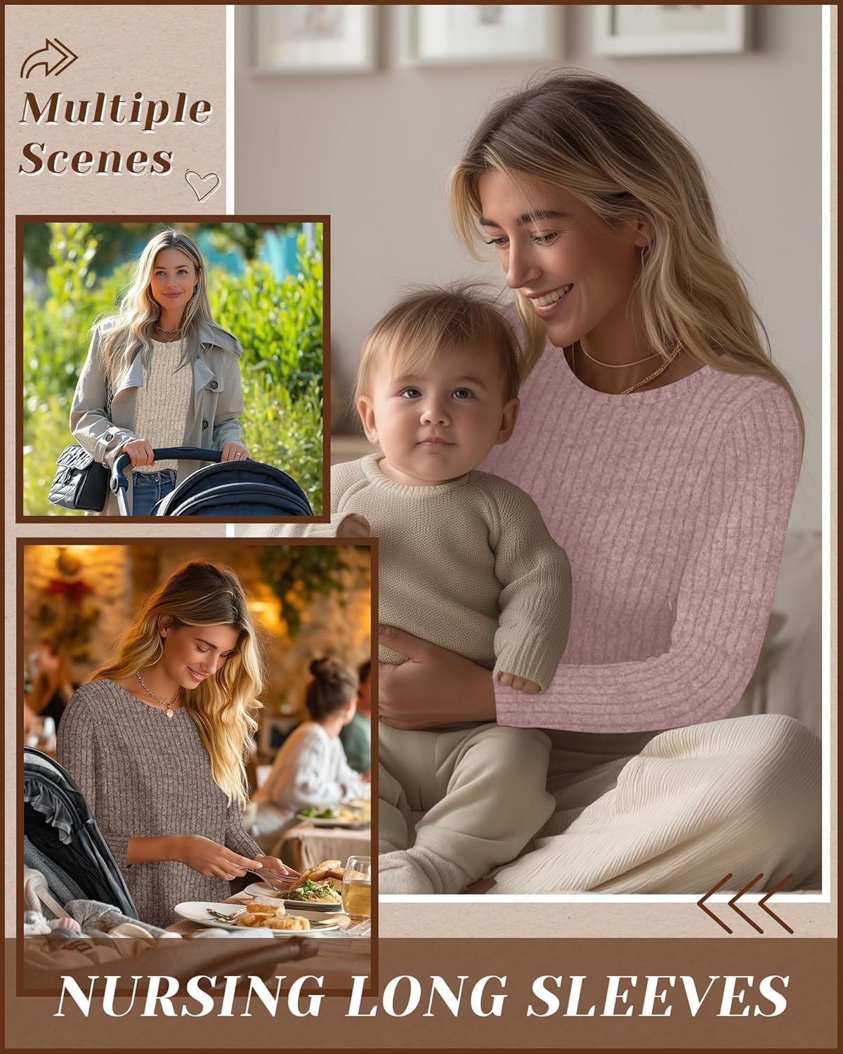 3 Pack Women's Nursing Tops Breastfeeding Shirts Long Sleeve Maternity Ribbed Sweaters with Hidden Zipper - Image 2
