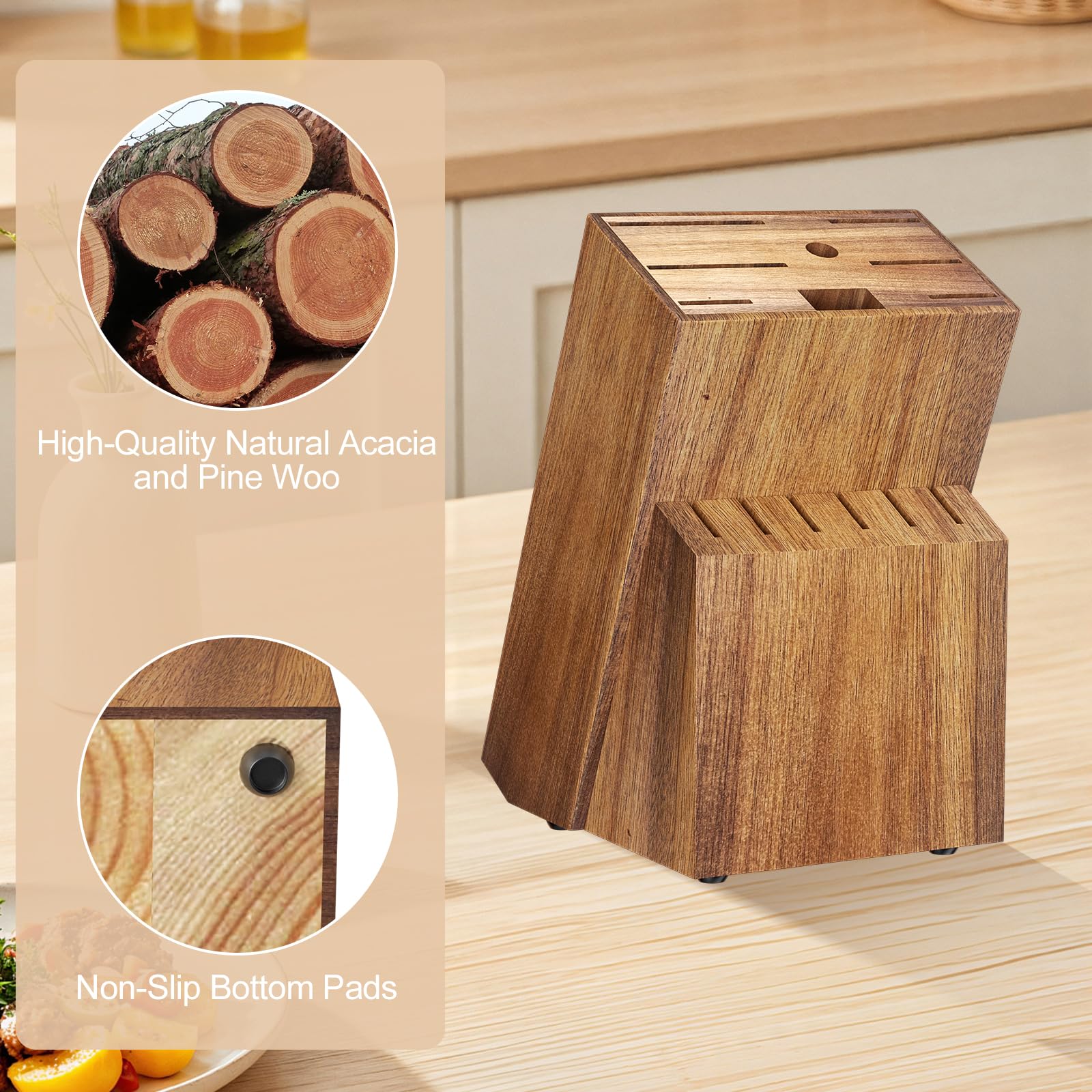 Range Couteaux de Cuisine, Bloc à Couteaux en Bois, Porte Couteau Universel, 14 Fentes, Bloc Couteau de Cuisine Vide avec Aiguiseur Intégré et Ciseaux, Pieds Antidérapants, Pin