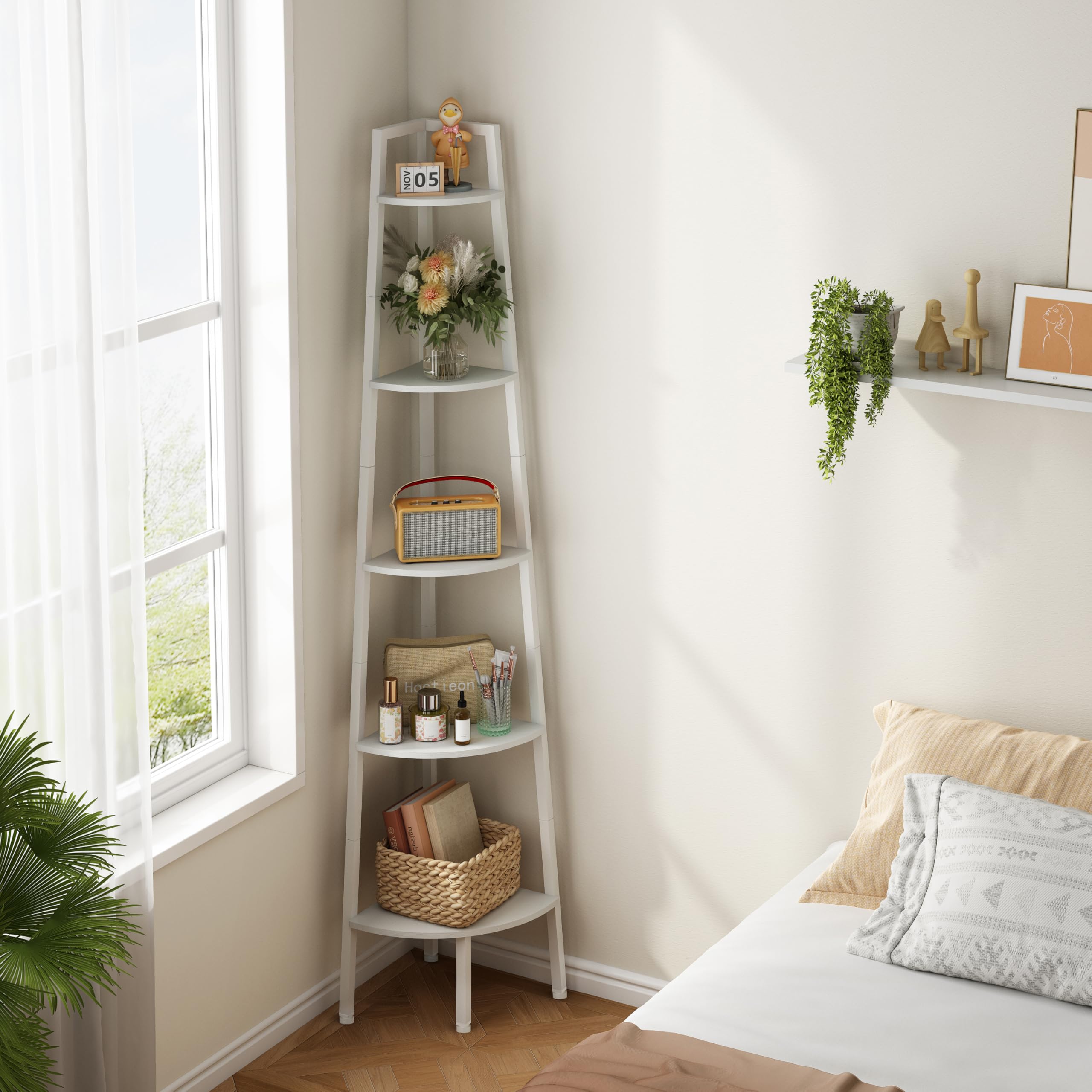 Hoctieon Étagère d'angle 5 Niveaux, Meuble de Rangement Style Industriel, Bibliothèque d'angle Multifonctionnelle Porte-Plantes, Économiseur d'espace Stable pour Salon, Chambre, Cuisine, Blanc