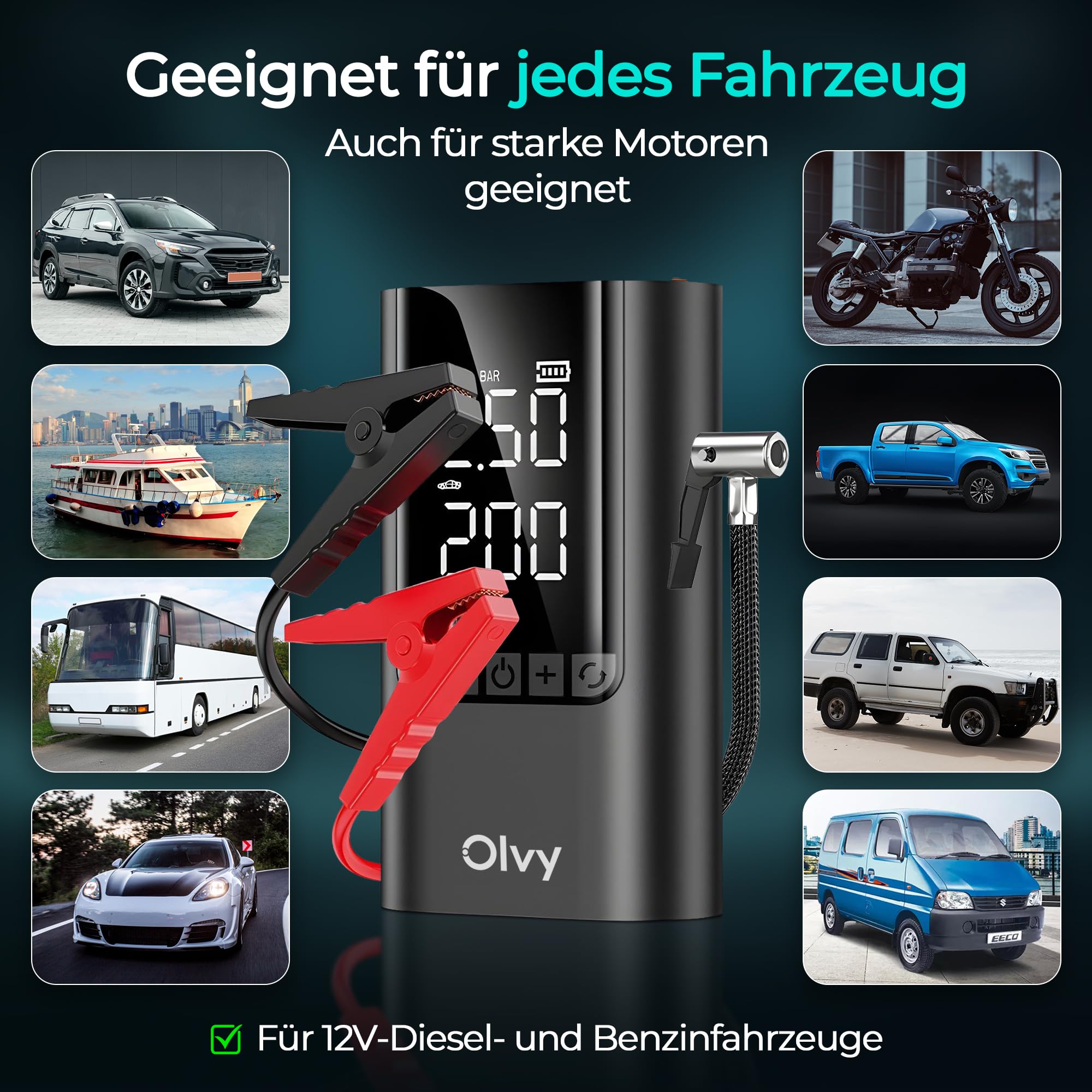 Olvy 4-in-1 Portable Car Jump Starter with Air Compressor, 1500A Peak, 12000mAh Power Bank, Smart Protection, LED Light, Digital Display, Compact Jump Starter for 12V Petrol & Diesel Vehicles