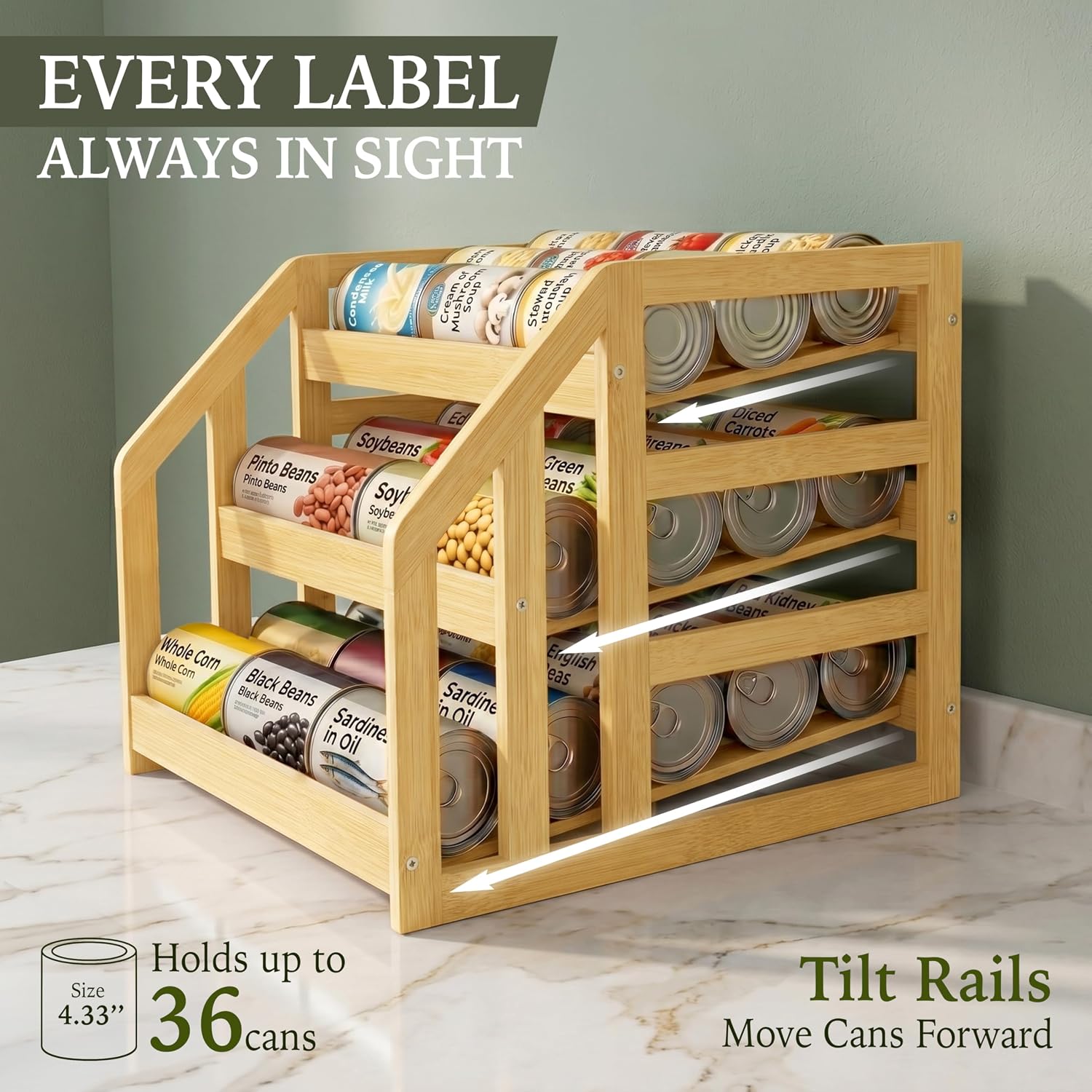 Bamboo Pantry Organizer and Can Storage, 3 Tier Tilt Rack Holds 36 Cans, 6 Adjustable Dividers, Sturdy Wood Bin for Soda Spice Jars Cat Food, Cabinet Countertop