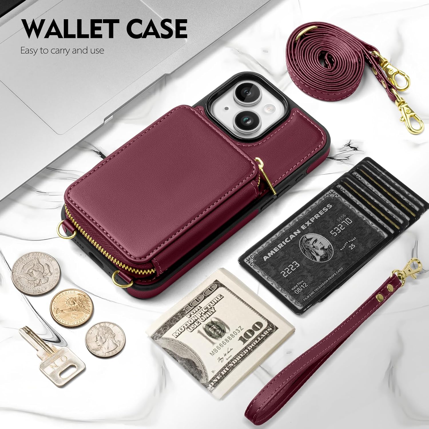 SkyEagle Compatible with iPhone 15 Wallet Case for Women【RFID Blocking】 Crossbody Phone Case PU Leather Zipper Handbag Wrist Strap Cover Credit Card Holder,for Apple 15 6.1",Wine Red