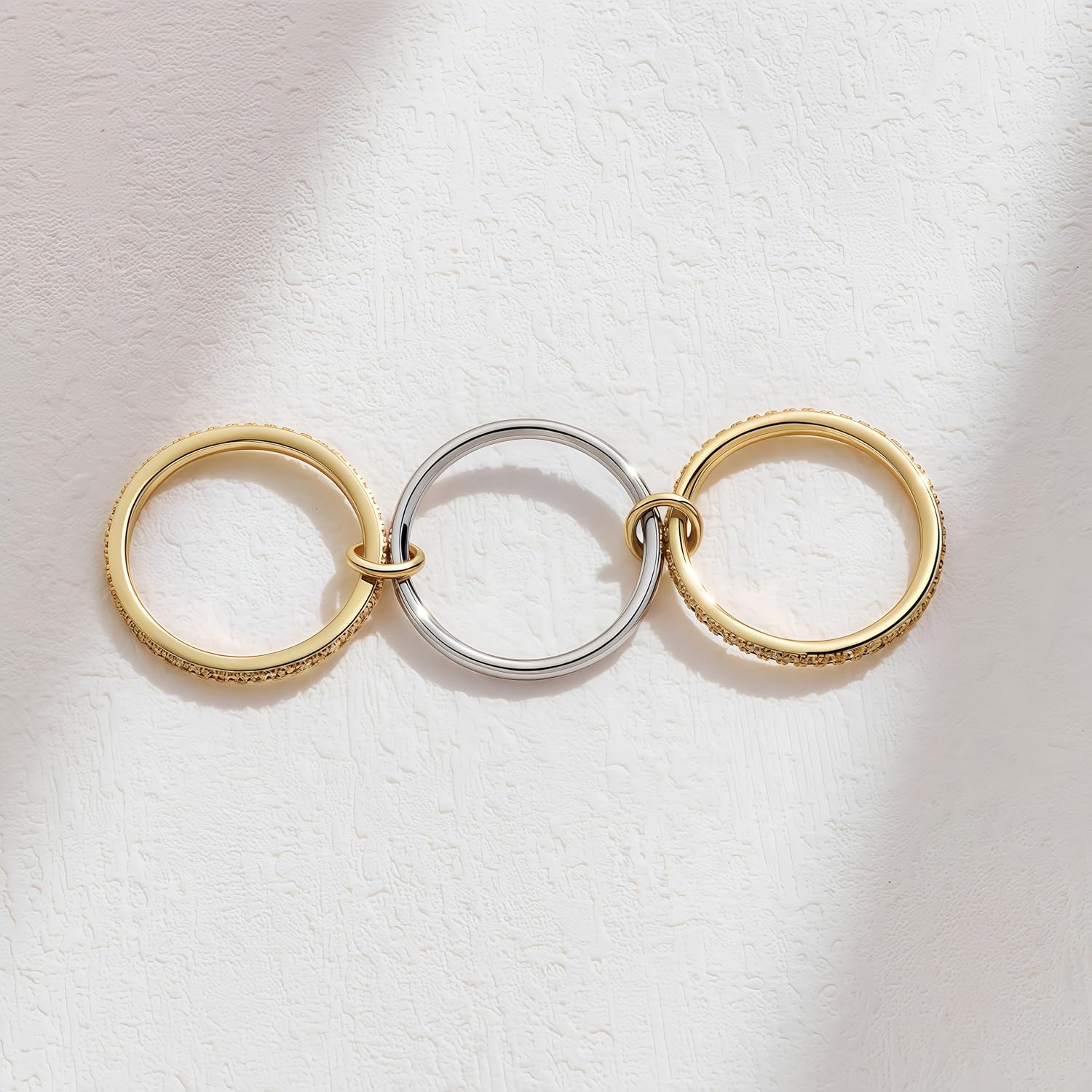 14K Gold Plated Stackable Rings,3 CZ Cubic Zirconia Ring Set,Silver & Gold Stacking Rings, Multi-Link Connected,Statement Interlocking Band for Women, Hypoallergenic, Non Tarnish wedding ring - Image 6